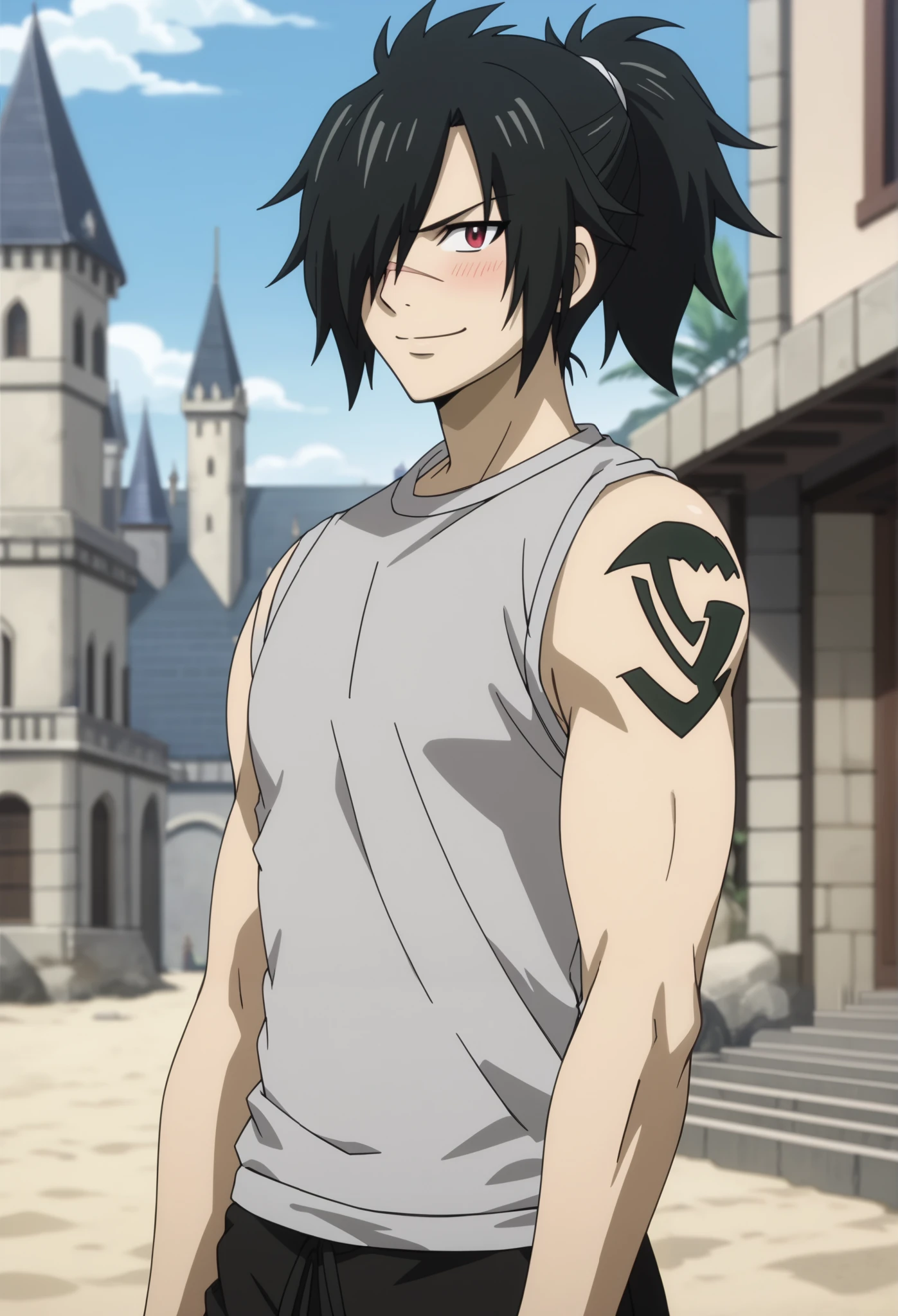 score_9, score_8_up, score_7_up, intricate details, anime screencap, depth of field, 1boy, solo, male focus, rogue_cheney, ponytail, black hair, red eyes,, hair over one eye, scar, beach, ((black men's shorts, sleeveless t-shirt, closed mouth smile, blush)) building a sand castle, detailed face,