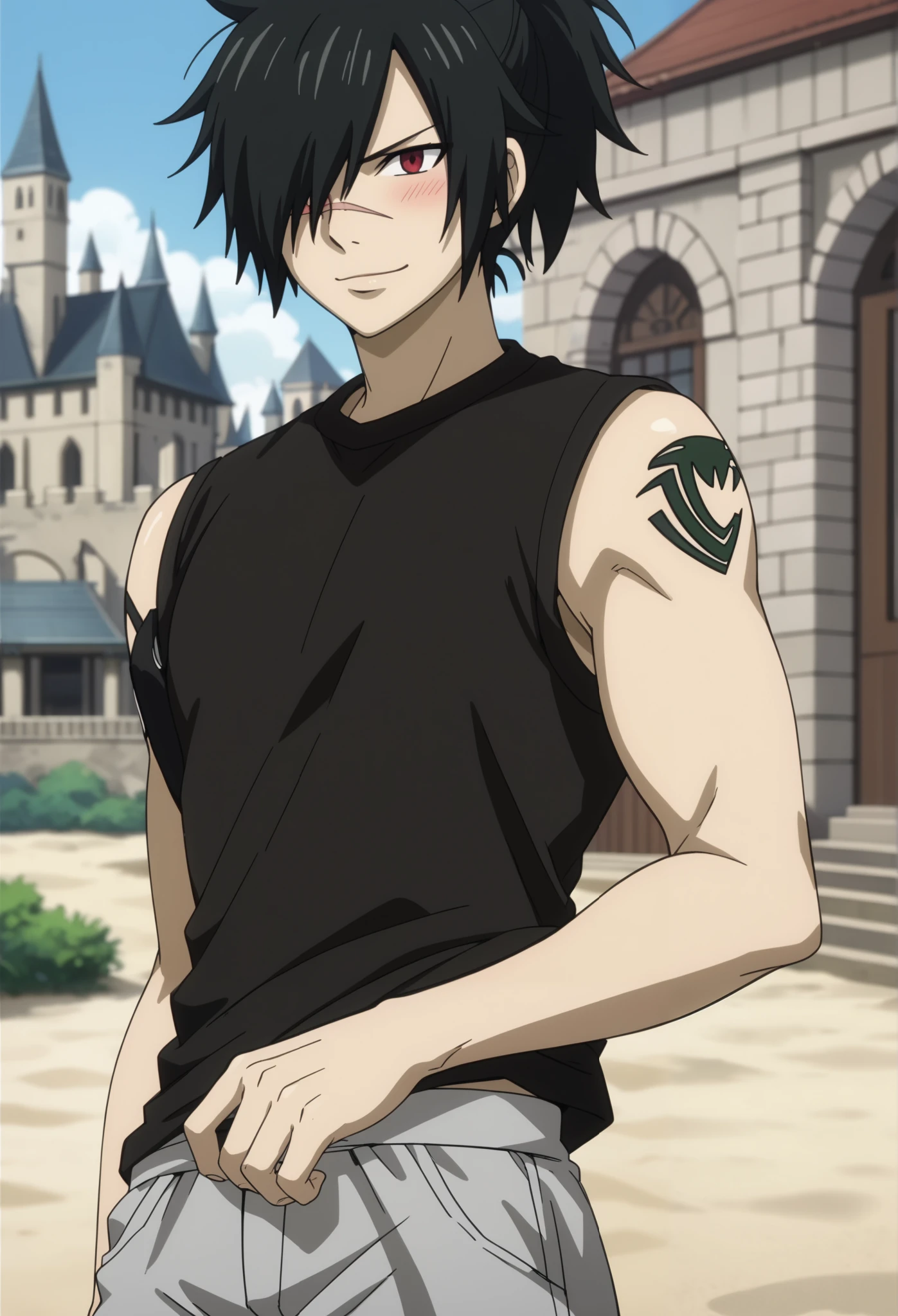 score_9, score_8_up, score_7_up, intricate details, anime screencap, depth of field, 1boy, solo, male focus, rogue_cheney, ponytail, black hair, red eyes,, hair over one eye, scar, beach, ((black men's shorts, sleeveless t-shirt, closed mouth smile, blush)) building a sand castle, detailed face,