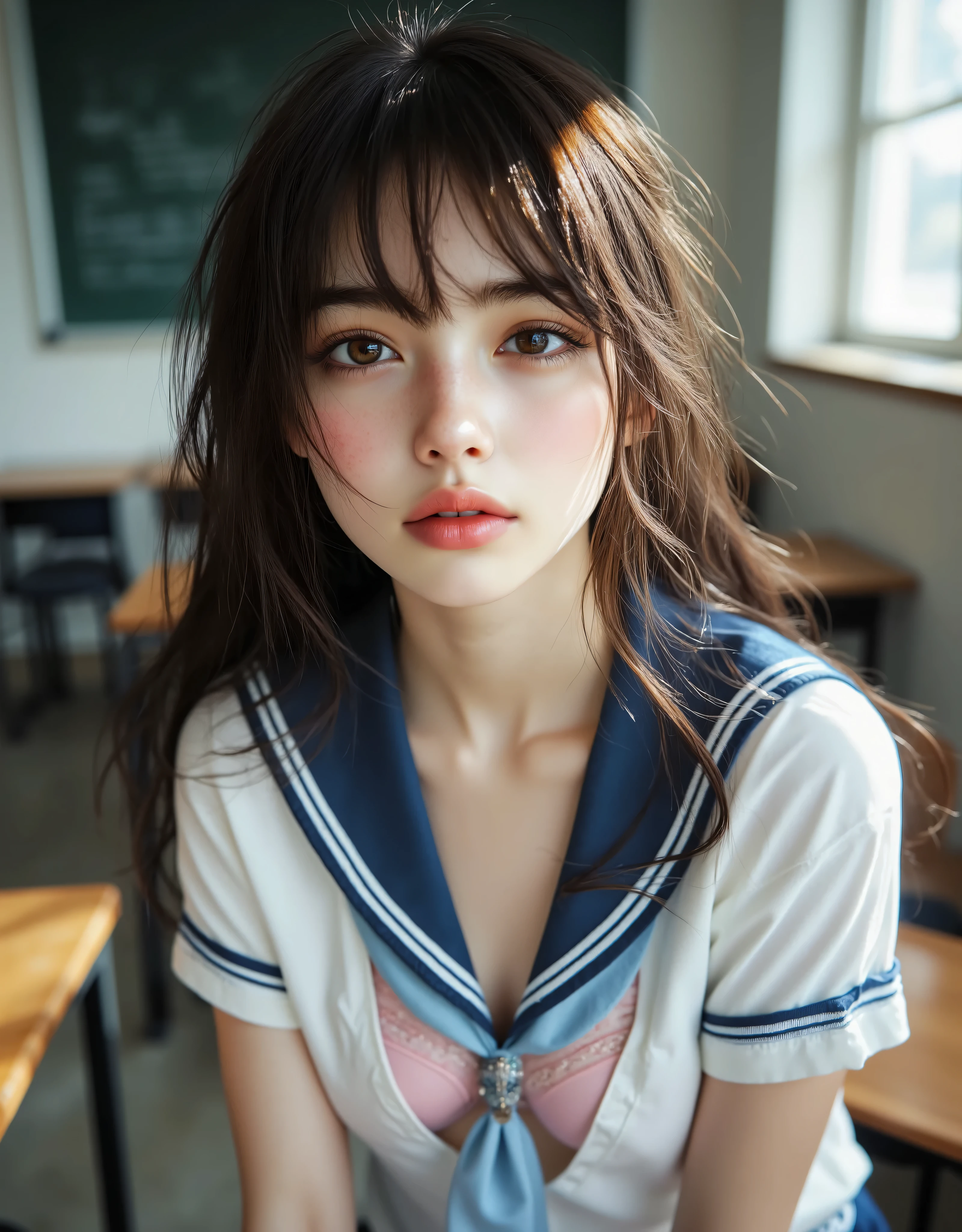 (Canon), (EOS R5), (50mm), ((( photo realistic :1.5))), (No lens flare :1.5), ((超 high resolution)), (masterpiece), accurate,( realistic な質感の肌), more details, high detail, High Quality , Award-winning work , 最 High Quality , 32K, written depth, digital camera, Award-winning glamour photo , professional lighting, (NSFW), ((最 High Quality :1.5)), ((masterpiece:1.5)), (( realistic )), high resolution, realistic な影, Roughness, Real Life,(A very beautiful and cute Japanese woman), ( The cuteness of Japan's top idol ), (( upper body shot seen diagonally from the front :1.5)), (( upper body shot from head to knee :1.5)), (( cute 18-year-old Japanese high school girl )), (( high school classroom , desk, chair, blackboard, and window visible )), ((( The scarf is light blue and the collar is dark blue and has 3 white lines, short sleeve white summer suit with sailor suit and navy blue flare skirt:1.8))), (( The chest of the white sailor suit with a dark blue collar opens to see the pink bra and cleavage of the bust )), (( the dark blue flare skirt is rolled up to show the pink panties )), (( Clevis, camel toe)), (( very cute high school girl with a good shape )), Attractive cuteness , seductive pose , Height: 160cm, slim figure, Beautifully shaped bust, D Cup, ((Very cute and very smiling smile :1.5)), (alone:1.5), ( brown eyes:1.9), ( Detailed depiction of extremely realistic skin ), (Highly detailed, realistic eyes:1.9), (Very beautiful, Long, realistic eyelashes), (Highly detailed, realistic eyebrows), (丸い brown eyes :1.8), ( beautiful catchlight on the eyes), (Realistic lips with moisture ), ( white realistic teeth arranged neatly), ( Beautiful and Detailed Face :1.6), (Hourglass body shape:1.6), (Wasp waist :1.5), ( Perfectly round and beautifully shaped bust :1.8), ( clearly contoured cheekbones :1.5), ( perfect style body :1.8), (Healthy body :1.8), (Narrow shoulders:1.9), ( holding hands with mom staring at viewers), ( seductive gaze ), (Beautiful, natural-looking hands), (Beautiful pink nails of perfect length), ( show your hands as little as possible ), ( very cute smile:1.1), (Stomach and navel are visible:1.4), Disheveled uniform, ( black hairミディアムヘアー :1.3), black hair,Natural atmosphere, Very cute type, Beautiful Thighs, (( evening classroom )), ((The hem of a white sailor suit is rolled up to show the lower breasts of the bust )), (( lift a navy blue flared skirt with your hands and open your legs to show pink panties )), ((Show me panties with pink Clevis)), (( show your hands as little as possible )), ((I can't show my feet)), blur background, Illuminate the face, dynamic pose, beautiful body line , Beautiful, realistic skin , Art Photography, beautiful soft lighting , Accurate , Accurate , Accurate,5 fingers on one hand