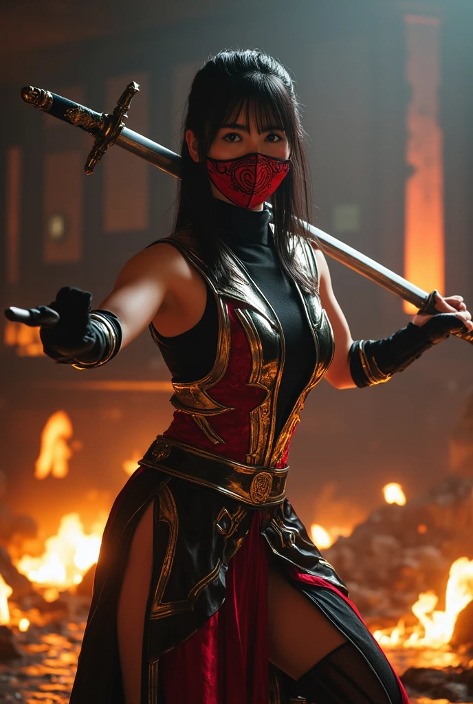 "A beautiful woman strikes an iaijutsu pose with the majestic backdrop of a shrine. The composition shows her full body, and her sharp eyes glow red, emanating a sense of mysterious power."