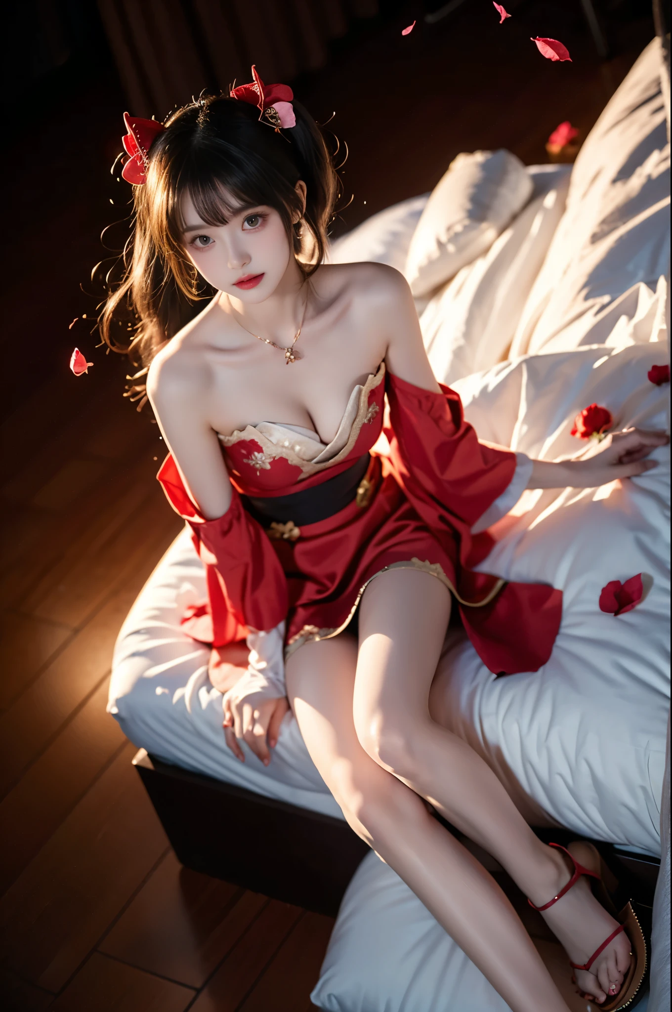 sparkle cosplay costume, cosplay, twintails, dress, detached sleeves, bell, single glove, hair ornament, bare shoulders, sandals, fox mask, mask on head
,,(photorealistic:1.2), (from above:1.3), beautiful woman, (Full bust, visible cleavage, very short hemline), (A lot of scattered rose petals, flying petals), fashion model, long legs, laying on luxury bed in classical romantic bedroom, knee bent upward, delicate fingers lifting skirt hem to thigh, (perfect body proportions:1.3), anatomically correct legs, elegant pose, soft ambient lighting, shallow depth of field, 85mm lens, high-end fashion photography, detailed skin texture, fine fabric details, (high quality:1.4), masterpiece, 8k uhd