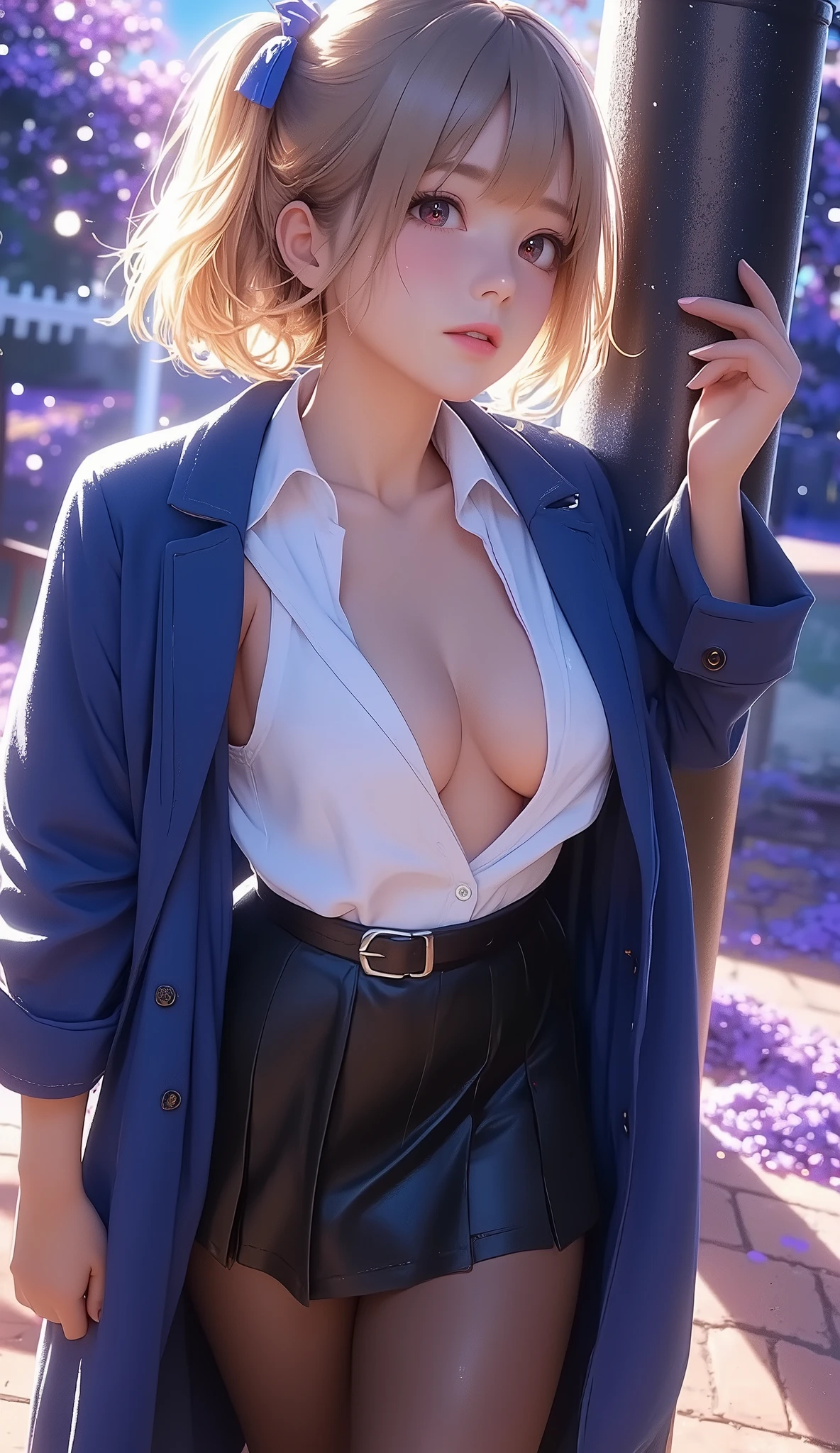 (high-definition image), ((a receptionist, light-makeup, holding clip board, in the office, eyes realistic sizing, realistic skin, drooping eyes, round face, smiling)), (business suit, unbuttoned various patterned shirt, skirt, tiny earrings, thin necklace, thigh-high stockings), (fat a little), ((bra, showing pubic and areolas, squatting, spread legs)), swollen areolas, (((straddling silver-metallic-dildo masturbation))), (strong sunlight, backlit lens flare), (blond, braid), along the river, park, 