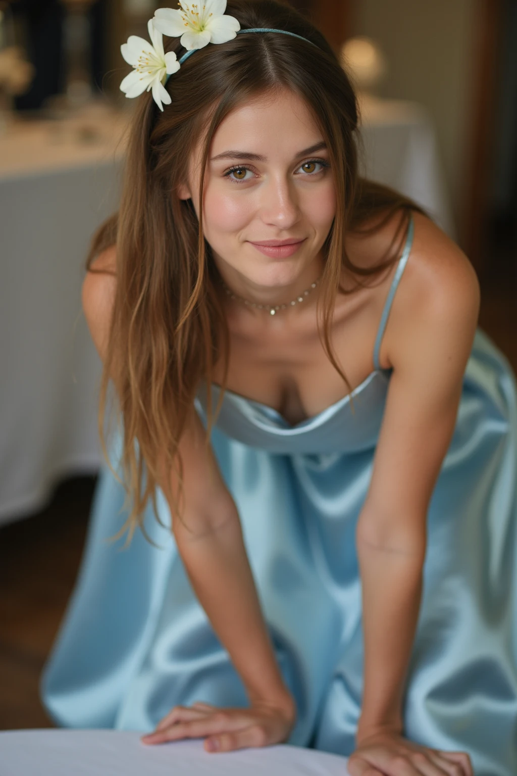 (High quality, High resolution, Fine details), sparkling eyes, (Detailed eyes:1.2), smile, blush, Sweat, Oily skin, soft lighting, chiaroscuro lighting, dramatic shadows, Soft tones, shallow depth of field, (dynamic seductive posing), (full body shot), (18 yo slender athlete aesthetic girl), (long wavy blonde hair and bright blue eyes), (dynamic romantic cocktail dress colour and design), (65DD bust size)