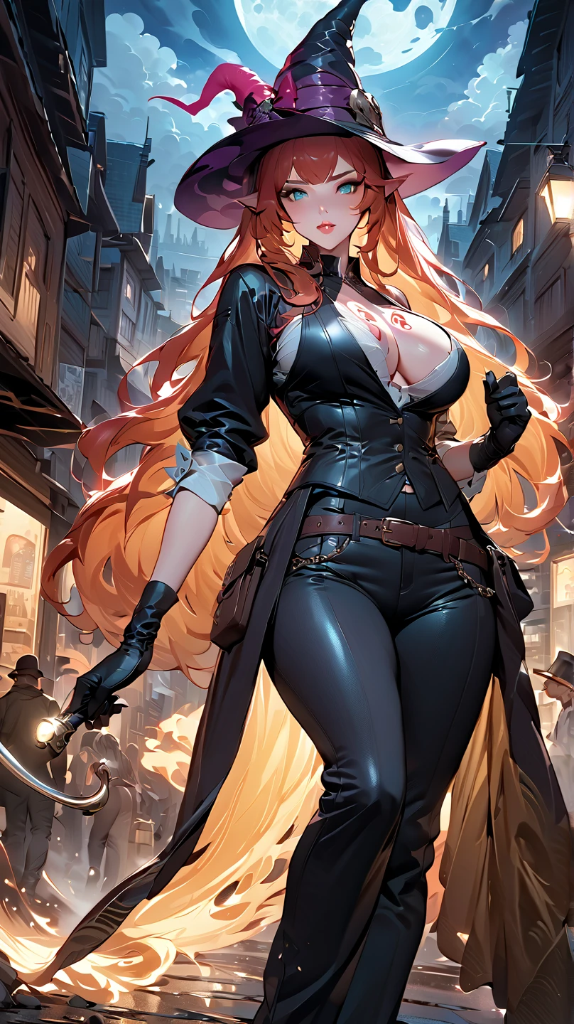 best quality, 4k, 8k, highres, masterpiece:1.2), ultra-detailed, extremely detailed eyes, extremely detailed body, (large masterpiece digital art), (detailed manga illustration), (detailed line art), ((perfect anatomy)), (intricate details:1.3), (ultra-detailed:1.3), (illustration:1.3), (sharp focus:1.3), (natural lighting:1.05), (vivid colors:1.3), (masterpiece), best quality, expressive eyes, perfect face, 1girl, (pointy elf-like ears), (curvy yet toned figure), ((piercing cyan eyes)), (detailed lips), ((long, bright ginger hair with silver streaks cascading past her waist)), silky and flowing, (seductive and confident expression), thick eyebrows, (shadowy Victorian cityscape at night, dim gaslamp-lit streets, gothic architecture, fog rolling through cobblestone roads), (demon horns), ((two horns, left one larger, black at the base transitioning into a spiraling silver tip)), (long, prehensile demon tail curling behind her), huge breasts, succubus, femme fatale pose, alluring yet dangerous presence, toned body, pubic tattoo, cinematic lighting, powerful and imposing stance, subtle battle scars, rugged elegance, beautiful woman, Atey Ghailan, Jeremy Mann, Greg Manchess, Antonio Moro, trend in ArtStation, trend in CGSociety, Intricate, High Detail, Sharp focus, dramatic and photorealistic painting art by Midjourney and Greg Rutkowski, (streaked hair blowing gently in the wind), wide-brimmed black witch hat casting a shadow over her intense gaze, (dark Victorian coat with silver embroidery, slightly open to reveal a fitted vest and shirt beneath), (tailored pants hugging her form, adorned with belts and holsters), (worn yet elegant leather gloves covering her hands), ((ornate revolver resting in her grip, silver engravings glowing faintly in the moonlight)), belts lined with extra ammunition and hunting tools, ((dark tan skin with faint tan lines from years of sun exposure)), mist swirling around her feet, gothic horror atmosphere, huge cock, gigantic_eja, futanari,