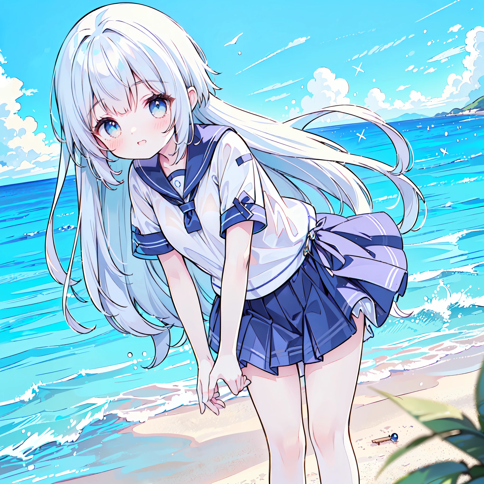 ((( more details, highly detailed CG, masterpiece, High Quality , 4K, high resolution, sharp focus by G , Take a commemorative photo on a sandy beach with the calm and beautiful sea in the background, anime style illustration near the sparkling ocean , tea hair))),(Alone:2), cute, Smiling Brightly , light blue eyes,(A girl is standing on the beach:1.4), navy blue sailor suit,(Short sleeve:2),( dark blue skirts ),( slightly bulging breasts:1.2), Clear Skin, Fluttering Skirt , barefoot,((long hair)),Neat hair,Gentle Breeze, White Clouds ,blue sky,Watching viewers, is shy,