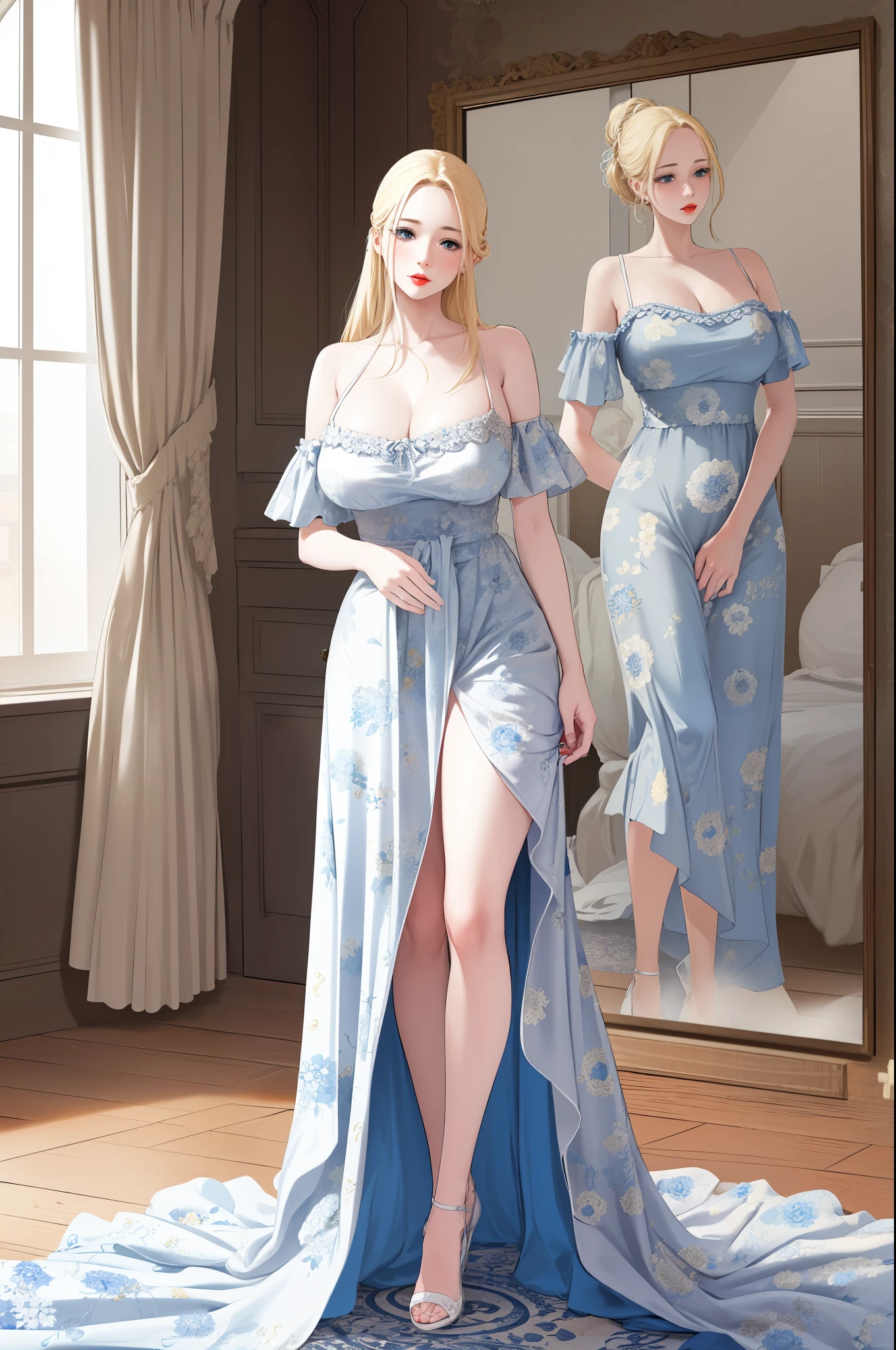 A woman, gold blonde long silky hair, big blue oceanic eyes, extremely super bright snow white fair stunning flawless glowing lush shiny white skin, and complexion, a perfect tight hourglass figure, wearing a short sexy loose revealing white floral dress with red flower patterns along with a red sash around the waist and a light brown off-shoulder cardigan, yellow heels, standing straight, show full body from head to feet.