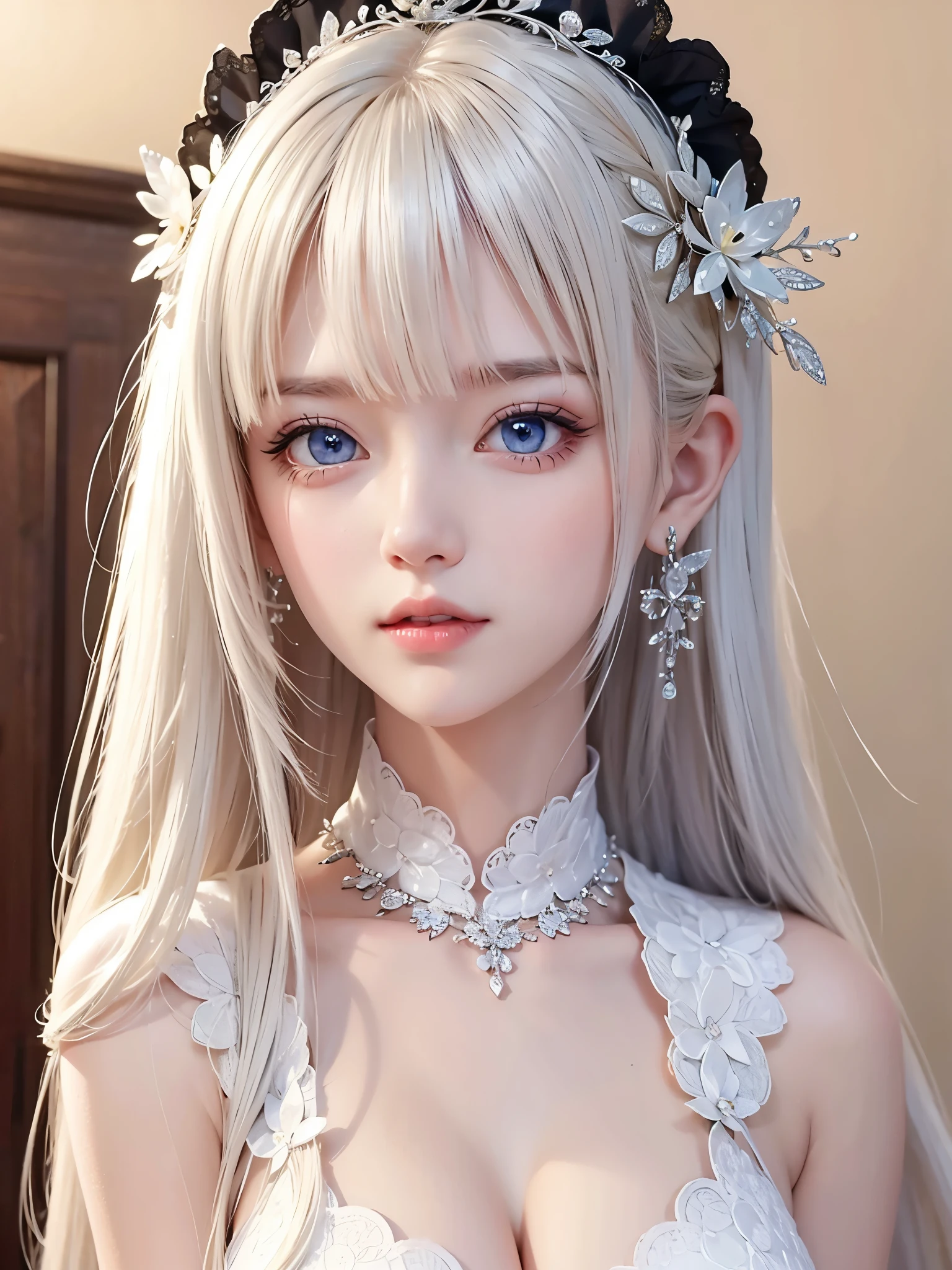 Beautiful white radiant skin, unparalleled beauty, bright, fresh and gentle expression, perfect beautiful cute face, shiny platinum blonde silk super long straight hair, beautiful shiny bangs, very beautiful and beautiful girl, eyeliner, very perfect and beautiful, big clear sky blue eyes, very beautiful bright eye highlights, ((1girl, solo)), side face