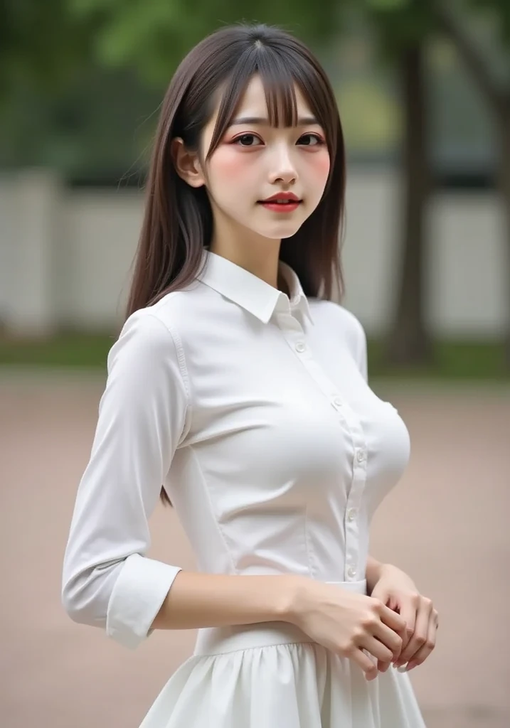 ((SFW: 1.4)), ((SFW, , Collared shirt, White shirt, Short sleeve, tie, Short skirt, smile, at school, 1 girl)),(God-level style:1.48)、 (Huge breasts:1.6)、Ultra-high resolution, (Genuine: 1.4), RAW Photos, Highest quality, (photoGenuineistic), concentrated ,Soft Light,((15 years old)),((Japanese)),(((Young Face))),(surface),(Depth of written boundary),masterpiece,(PhotoGenuine),woman,bangs,( (1 girl)