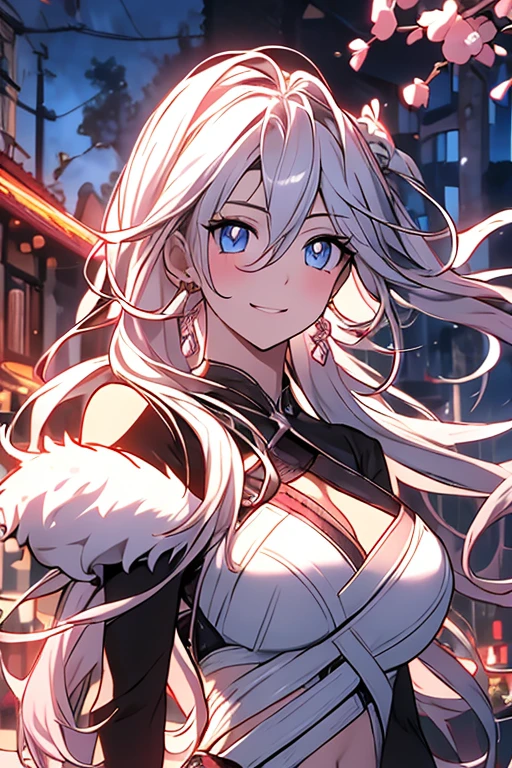 masterpiece, highest quality, very detailed, cinematic lightning, intricate details, High resolution, official art, Beautiful detailed face and eyes, High resolutionのイラスト, 8K, Depth of bounds written, Bokeh, alone, 1 girl, girl with white hair and red eyes, long white hair, beautiful red eyes, beautiful scenery, rainy city, Upper body, looking at the viewer, close