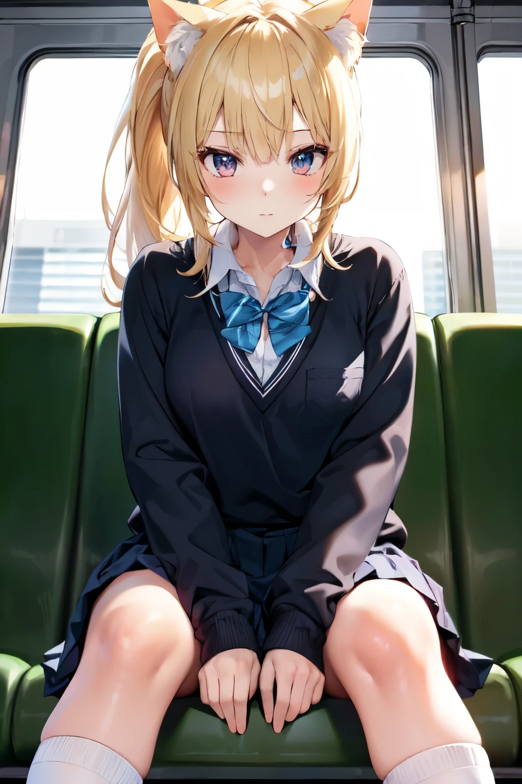 NSFW,4K,Gal:1.3,Anatomically correct,school uniform:1.3,A pure and innocent girl, Very cute face, Like an idol, (masterpiece:1.2), (high quality), panties, loose socks, Hip, Blue Skirt, alone, Blazer Type, loose socks, Lifting clothes, Brown eyes, pure gaze, mini skirt, Lift yourself up, Check skirt, blush,((Mid-chest)), (Sweating profusely), Long Hair, physical education, Beautiful legs, ((in the train))