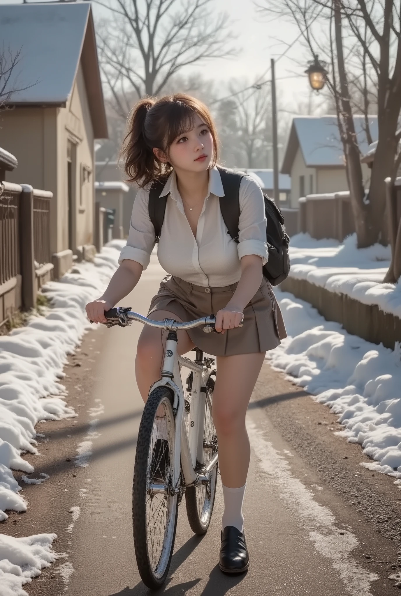 On a clear winter morning, in a quiet residential neighborhood covered in a thin layer of frost, a high school girl rides her bicycle on her way to school. She wears a school uniform pleated skirt, White socks, her ponytail sw(aying gently in the cold morning breeze. Her black loafers catch the soft light with each pedal stroke, and her black backpack reflects the pale morning sunlight as it rests against her back. Her expression is calm but subtly contemplative, as if she’s lost in thoughts about the day’s classes, conversations with friends, or perhaps faint anxieties about her future. Her breath forms visible white clouds, drifting softly in the crisp air as the winter chill brushes her cheeks.

The background features winter trees, their branches bare and silent, adding a sense of tranquility to the scene. On both sides of the street are old streetlights and low fences, while small houses with frosted windows stand in the distance, some with a faint yellow glow spilling from within, evoking a sense of warmth amidst the cold. Patches of frozen puddles glisten along the roadside, reflecting the soft rays of the morning sun. Though the neighborhood is still, the faint sound of the bicycle chain turning and the soft rustle of the wind through the trees create a quiet, immersive soundscape.

In this moment, the girl feels a quiet strength rising within her, as though she’s making a subtle yet firm resolution. The air is crisp and charged, and her presence adds a vivid accent to the stillness of the winter morning. In the distance, the faint sound of a passing train can be heard, accompanied by the gentle flutter of a bird landing nearby, adding a touch of life to the serene setting. This fleeting yet harmonious moment captures the essence of a winter morning, etching itself deeply into the memory as a beautiful, poignant scene 1.2)