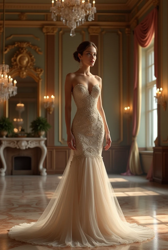 former first lady, dressed in an elegant evening gown, with a neutral background and soft lighting."official event: "a
