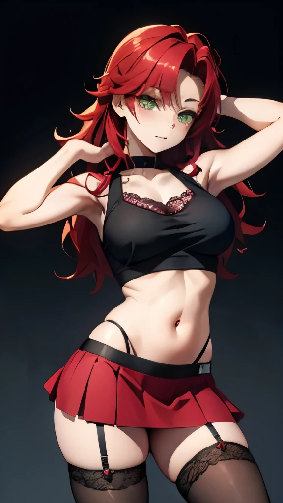 A beautiful young anime girl , has huge breasts very detailed , very marked large breasts , wears a short tank top , low cut black blouse showing her chest , showing the navel, small waist , well-outlined body , wide hips , she is wearing a detailed red mini skirt , showing black lace panties , wears black lace tights , pose sensual, red hair with detailed black highlights , long wavy hair, bright green eyes very detailed very sharp.
