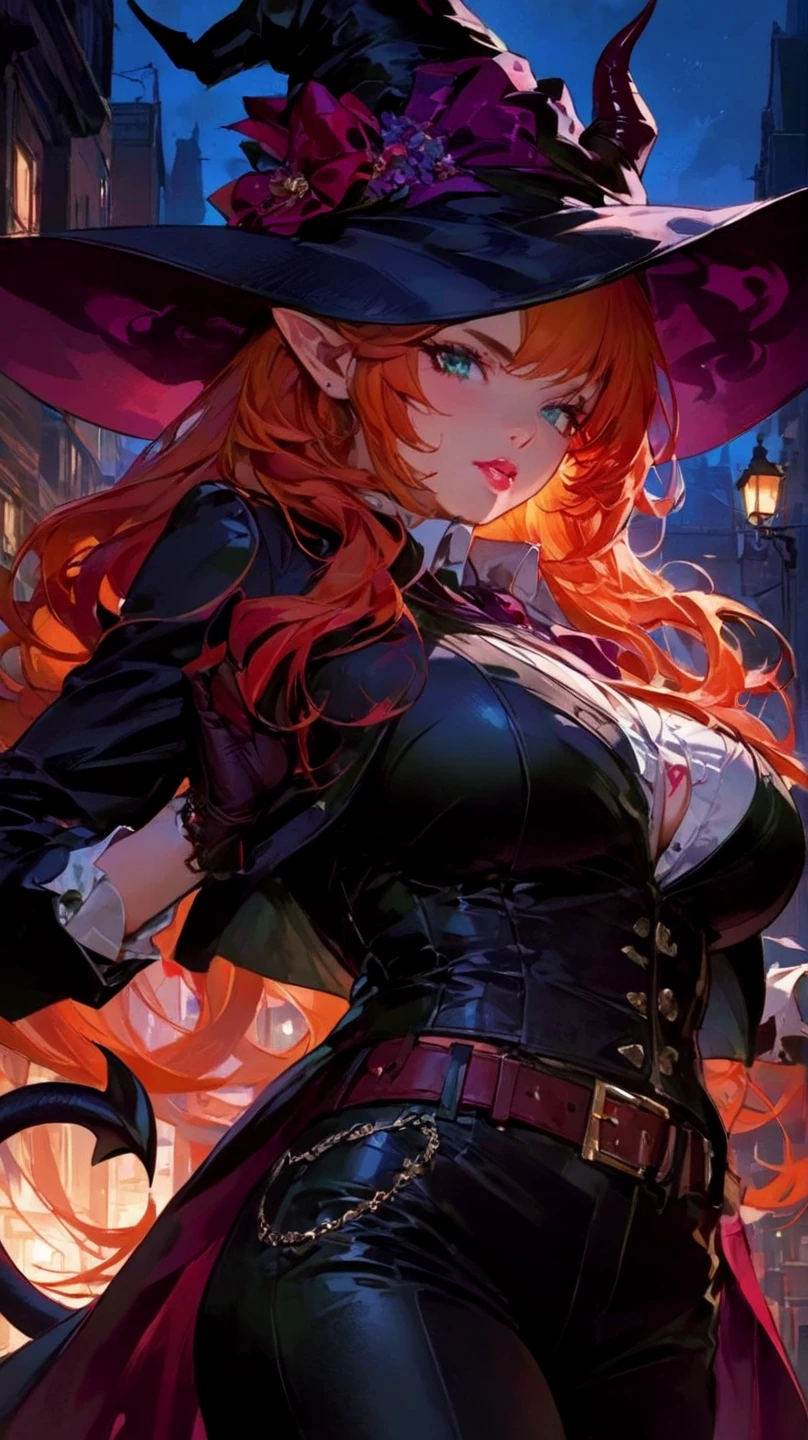 witch, witch hat, long red hair, tattooed arms, purple eyes, vampire teeth, lying on a bed, sensual position, short clothes, best quality, good anatomy, detailed face, 4k, masterpiece, detailed eyes