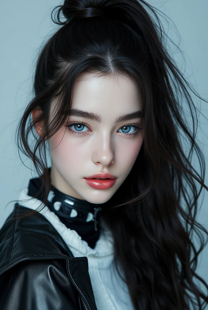 best quality, face focus, soft light, ultra high res, (photorealistic:1.4), RAW photo,
1 white girl, blue eyes and long black hair that is half up in pigtails. Nose, septum, snakebites, and eyebrow piercing. Scene/emo style. Skinny and pale. Black t- shirt with hello kittu.
(portrait)