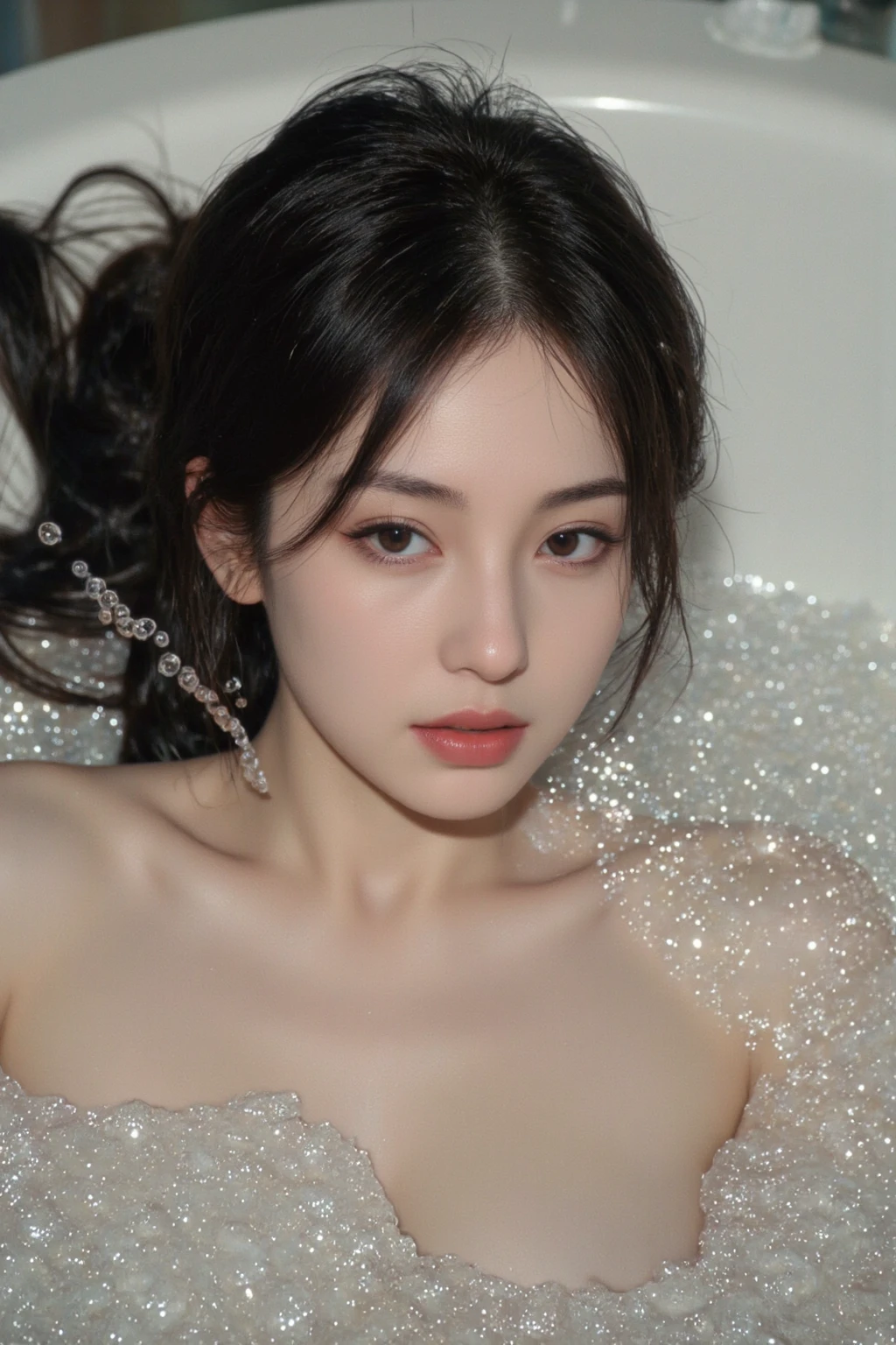 Professional photography, realistic, Wong Kar-Wai, shot from top down photo of Asian woman lying in the bathtub, she has long messy black hair, she is bathing, she has pretty makeup, the bathtub full of soap foam, photo has bubbles flying in foreground, intricate detailed