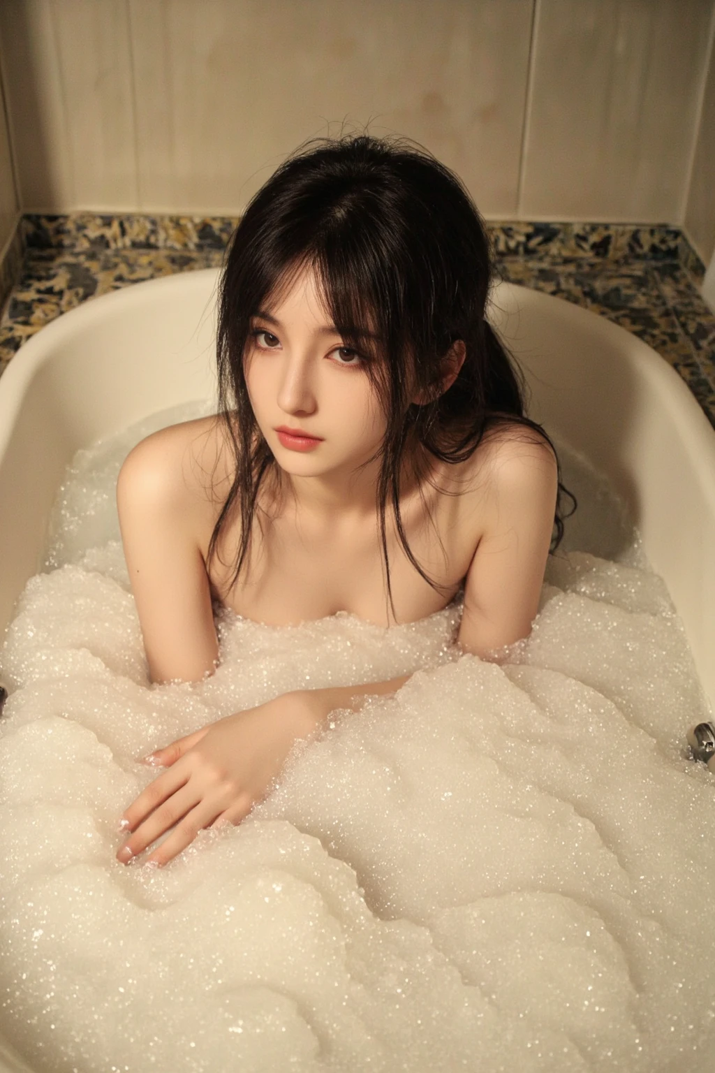 Professional photography, realistic, Wong Kar-Wai, shot from top down photo of Asian woman lying in the bathtub, she has long messy black hair, she is bathing, she has pretty makeup, the bathtub full of soap foam, photo has bubbles flying in foreground, intricate detailed