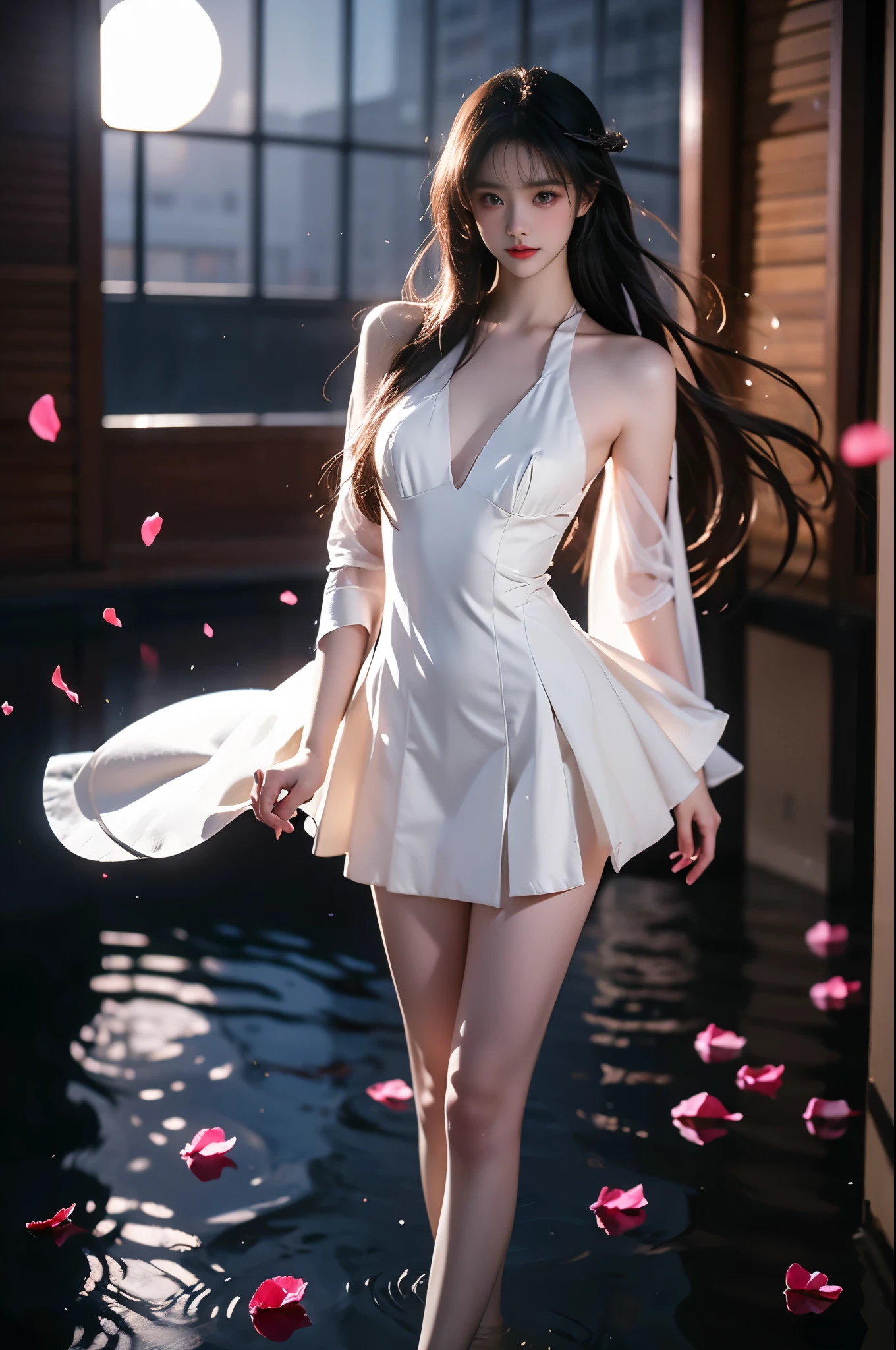 lacia costplay costume ,,(photorealistic:1.2), beautiful asian woman, fashion model, long slender legs, standing in reflective pool, knee-deep water, elegant dance pose, lifting dress to thigh level, moonlit night scene, scattered rose petals in water, floating rose petals in air, soft moonlight illumination, volumetric lighting, cinematic lighting, high detail skin texture, wet fabric effect, shallow depth of field, soft bokeh, 8k uhd, masterpiece quality