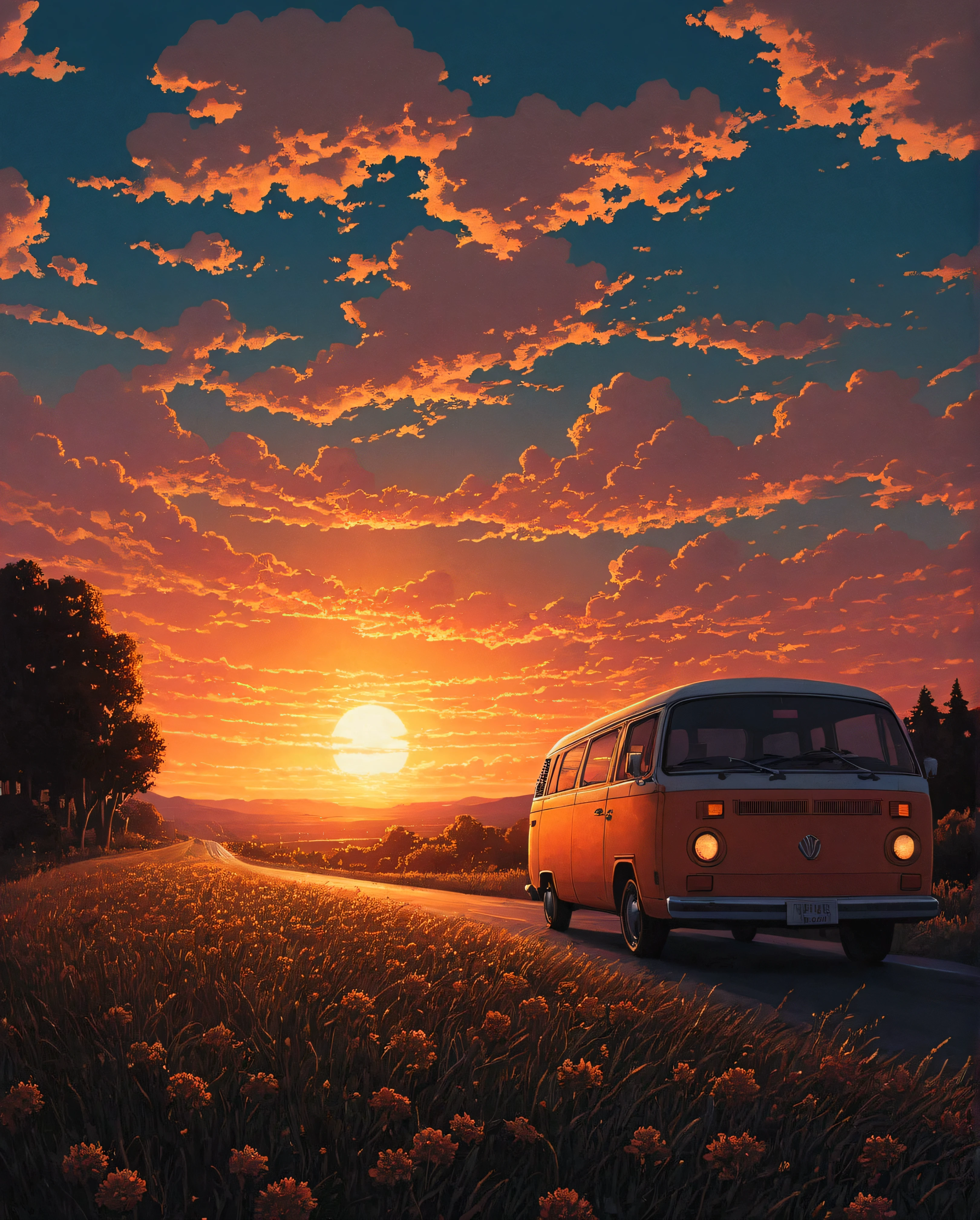 there is a van driving down a road at sunset, by Alena Aenami, bussiere rutkowski andreas rocha, style of alena aenami, artistic. alena aenami, inspired by Alena Aenami, art of alena aenami, in the sunset, beautiful sunset glow, beeple and jean giraud, sunset glow