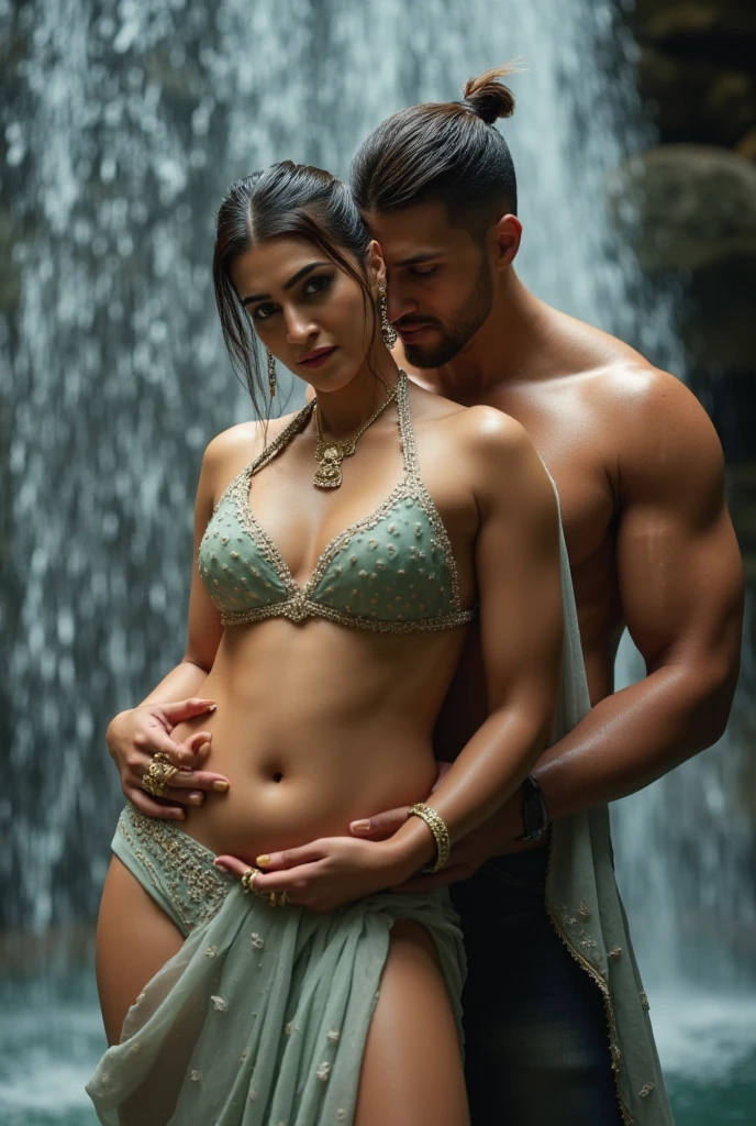 ,Nsfw,A Indian old man and girl in the water fall stone, standing pose, detailed, Indian Oldman, beautiful girl, couple pose, realistic, high quality, couples, romantic waist gripping pose, Indian actress, subtle smile, curvy, swooping breasts, saree, couples pose, big cheeks,deep cleavage,blue saree,sexy girl, kajal,black Old man, detailed, Indian actress,french braid hair, necklace, green satin silk half saree and lace bra, sultry, seductive eyes, look at viewer and smile, (cinematic:1.3), intricate details, (ArtStation:1.2)