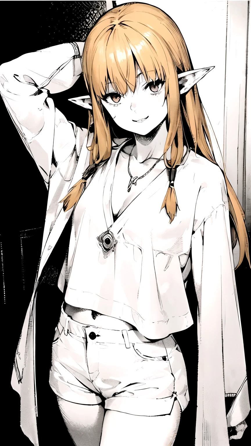 ((masterpiece,best quality)), {DATE_artstyle_LoRA : Manga_Style} {horror_edit} {horror_edit : creepy_room_aura} {partially_monochrome} { (Serie, very long hair,blonde hair,hair tubes,pointy ears,sidelocks,bangs,brown eyes, cute, perfectly_small_shape_breast : perfectly_slender_body ; ite_ body : lolibaba } { collarbone,white robe,cleavage,white shirt,jewelry,necklace,small breasts,long sleeves,sleeves past fingers,white shorts,short shorts,anklet,barefoot } {standing : arm_behind_head} { evil : possessed : glowing_eyes : seductive_smile : lazy_eyes} { sweating } { : dark room }