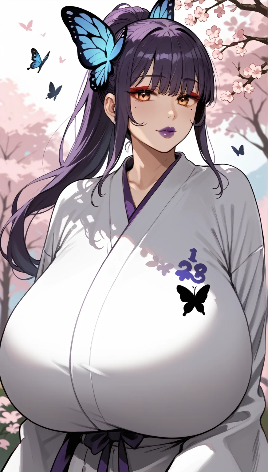 ,yuki mama (komusou), purple hair, ponytail over shoulder, low ponytail, long hair, hair ornament, butterfly hair ornament, lipstick, purple lips, thick lips, yellow eyes, gigantic breasts, mole under eye, mole under mouth, red eyeshadow, kimono