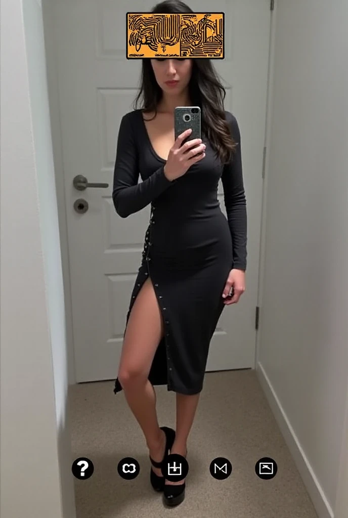 Beautiful 26 years old woman, 170cm high, 60kg weight, white skin, long curly dark hair, gray eyes, wearing black vest, long skirt, (((shoe store))), people close to her, cute smile, natural morning light, realistic portrait, highly detailed, analog style, deep cleavage, breast, nipple, (((full body)))