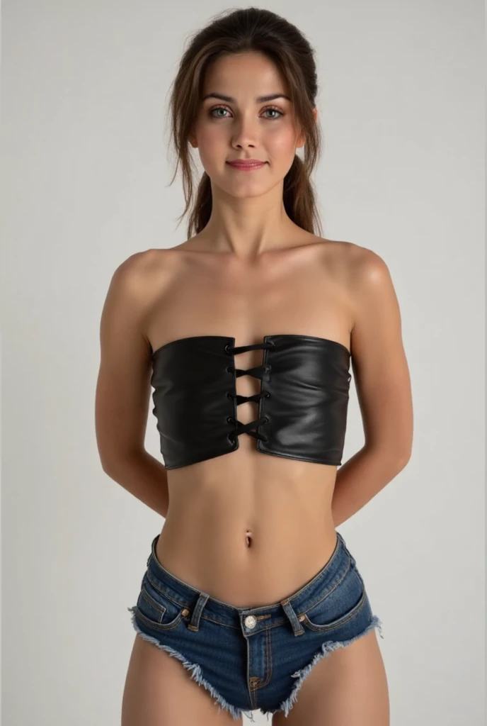 Rilee Marks , big round hips , she's 22 years old, whole body、((she has dark brown eyes)), Good style, very long ginger hair、small perky breasts, very tight black leather skirt, ((very large crotch gap)), sleeveless leather vest exposing a very nice cleavage, ( she wear a half buttoned leather short vest ), very nice and detailed cleavage , coy smile , navel piercing, earrings, ((( she has tons of freckles))), she has a lot of freckles, cute eye liner, she has brown eyes, (((she must wear a top))) , areola slip, ((midriff)) , she has small shoulders, she has only two hands and two arm, pony tail hair, she has big hips, she must wear a skirt, ( she hides her breasts )