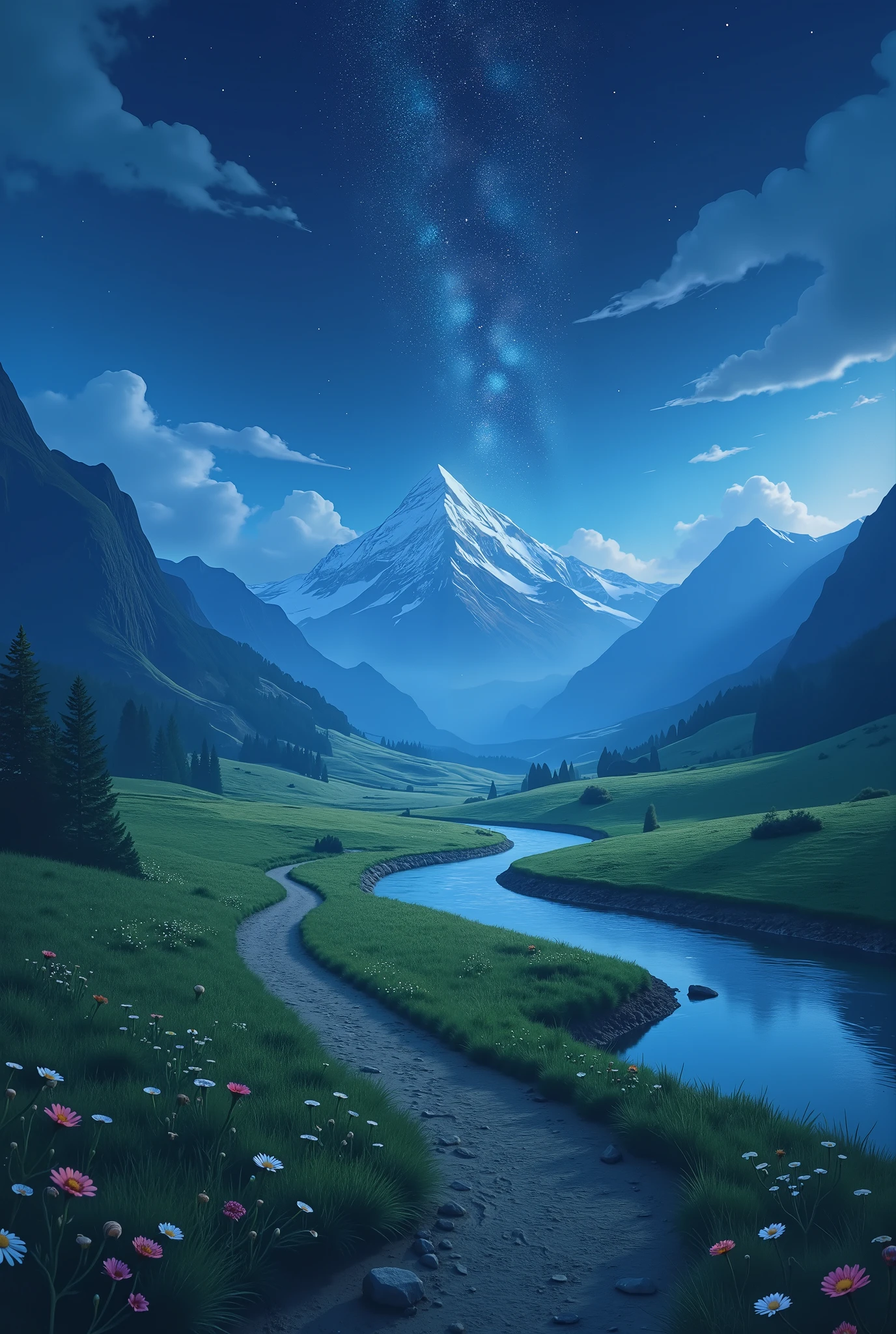 A natural landscape of nocturnal beauty and a long mountain range, a path, a river and a grassy field 