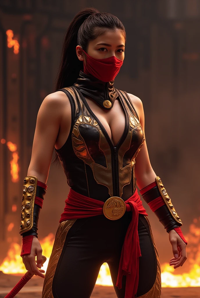 high quality fingers, normal hands, detailed fingers, masterpiece, (realistic, photo-realistic: 1.37), realistic, 1girl, long hair:1.5, black hair:1.2, red eyes:1.5, bright eyes, mortal kombat, ninja, blood, scar, weapons, swimsuit, mortal kombat costume, large breasts, fighting pose, furious look, temple, meditation, injuries, mask, facial mask