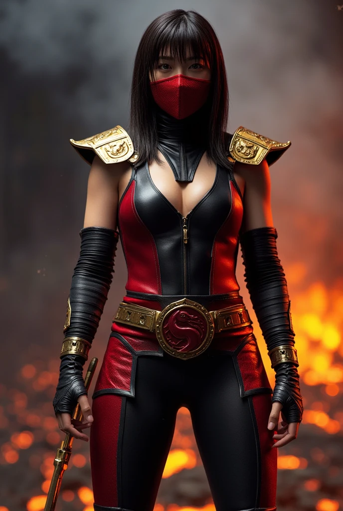 woman in a red and black suit with a sword, character from mortal kombat, lady in red armor, cgssociety inspired, Woman Rouge Killer, red uniform, Mortal Kombat 11, raspberry themed, in mortal combat, crimson attire, red and black suit!!!, cosplay photo,