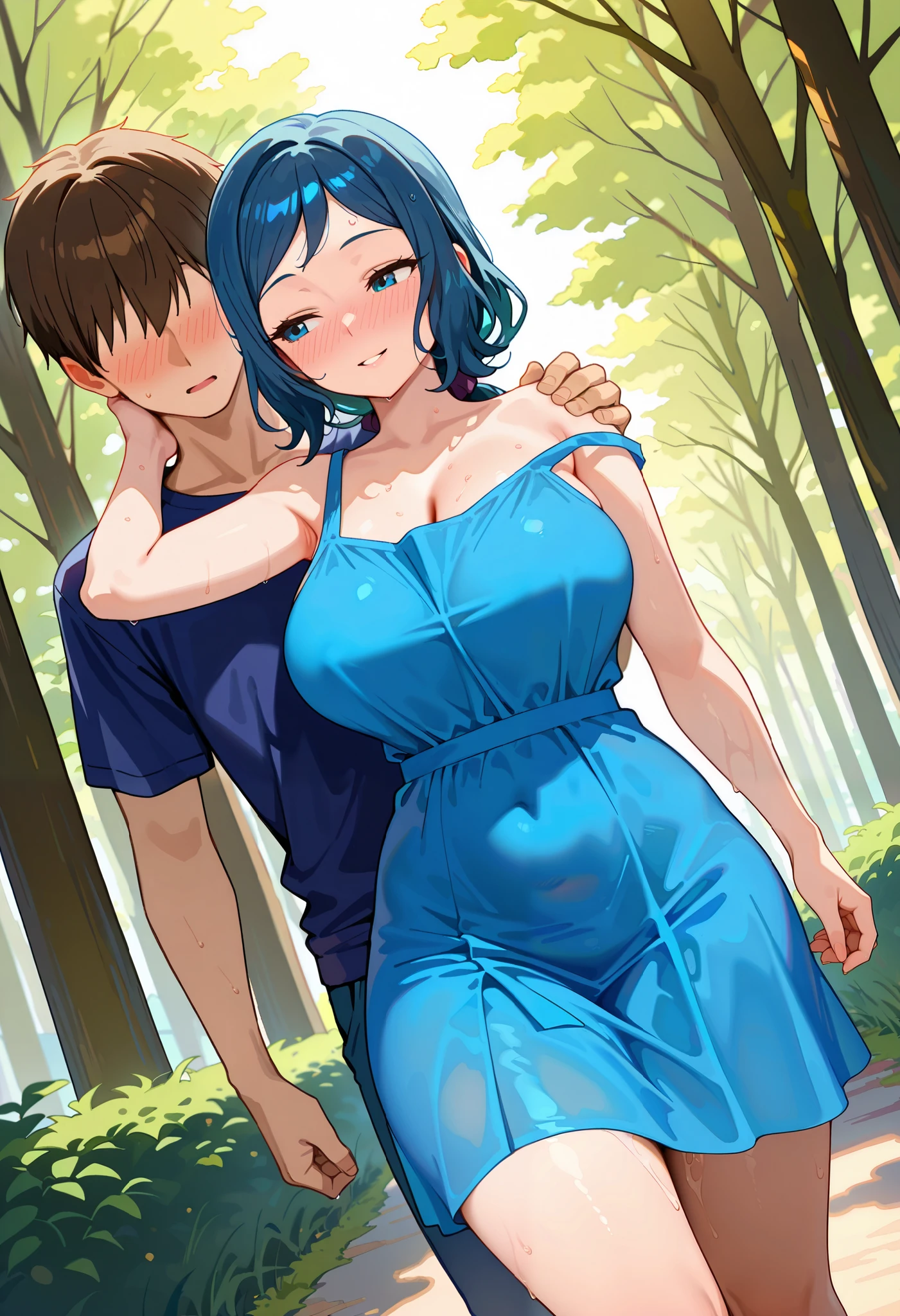 score_9, score_8_up, score_7_up, score_6_up, score_5_up, score_4_up, iori rinko, married woman, mature woman, solo, blue hair, long hair, blue eyes, half-closed eyes, mature female, parted bangs, Slender and sexy body, large breasts, curvy body, naked body, a tired face, a faint smile, parted lips, nose blush, blush, front view, looking away, blue sundress, a thin, cool dress, loose dress, strap slip, outdoor, forest, after sex, weakly, walking , wet hair, wet skin, arm up, hand on boy's neck (arm over boy's shoulder), leaning sideways, head on boy's shoulder, 1girl, 1boy ( faceless, tall, have big build, hand  on girl's shoulder,  holding girl's shoulder,  walking, walk from girl's side). Dutch angle.