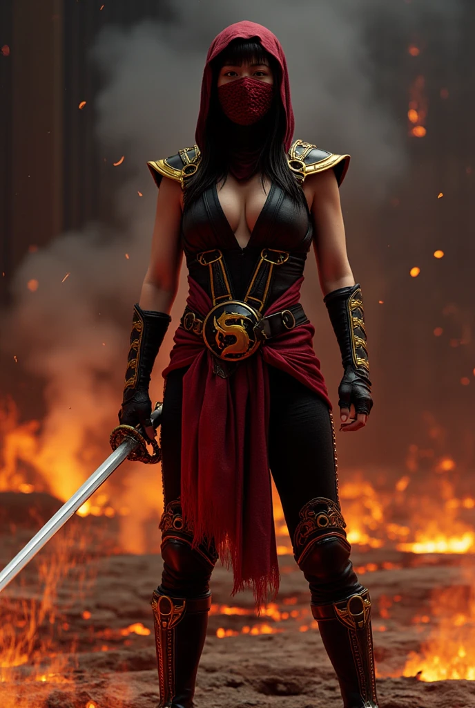 1 girl, (masterpiece)Full-body portrait , perfect body, big breast, yellow wavy long hair, red eyes, freckles face, wearing sexy samurai armor,wield a long katana, cowboy shot, 4k uhd, perfect lighting realistic photography, soft shadows, japanese village background