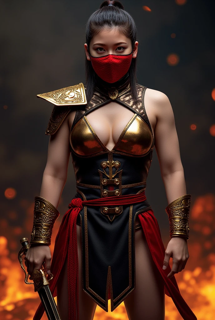 Voluptuous priestess with tattoos, Body piercings and an Iron Man mask outside a Hindu temple Ultra-realistic photo 