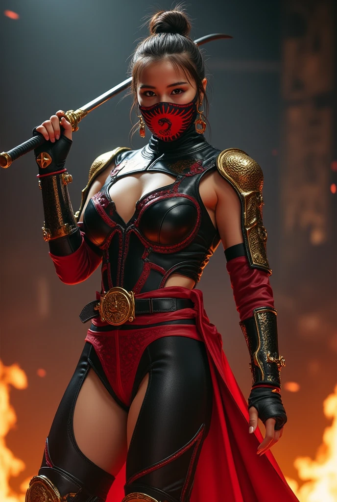 Design a female version of Mortal Kombat's iconic character, Scorpion. 