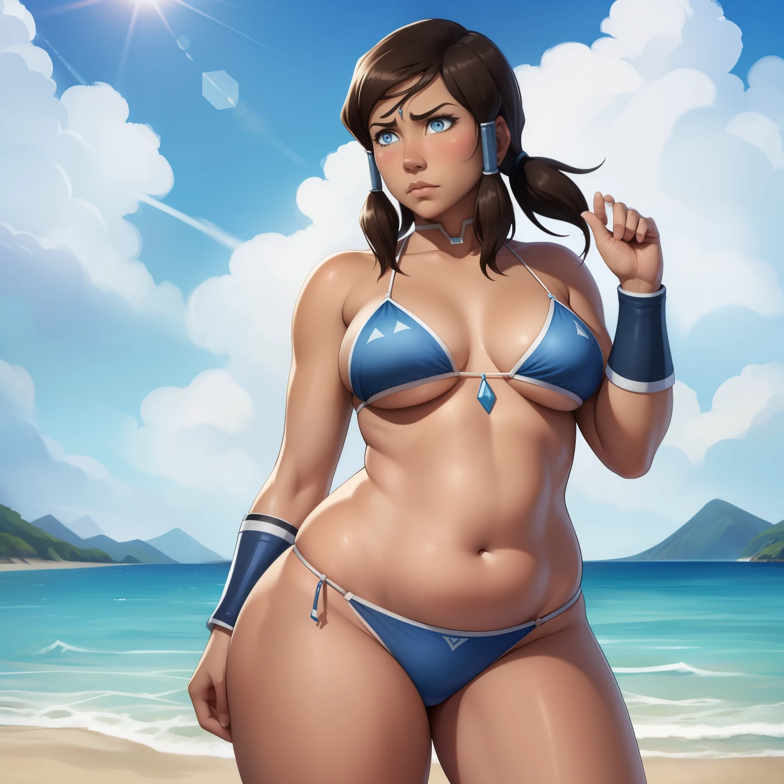 Beautiful young indian woman, village, wearing small wet bikini, river and forest landsape, teen age, detailed face, detailed body, symmetric face, cute, iconic, photorealistic, big breasts, big belly, curvy body, braid hair, masterpiece, 8k, ultra realistic, detailed background, palace, god rays, ambient occlusion