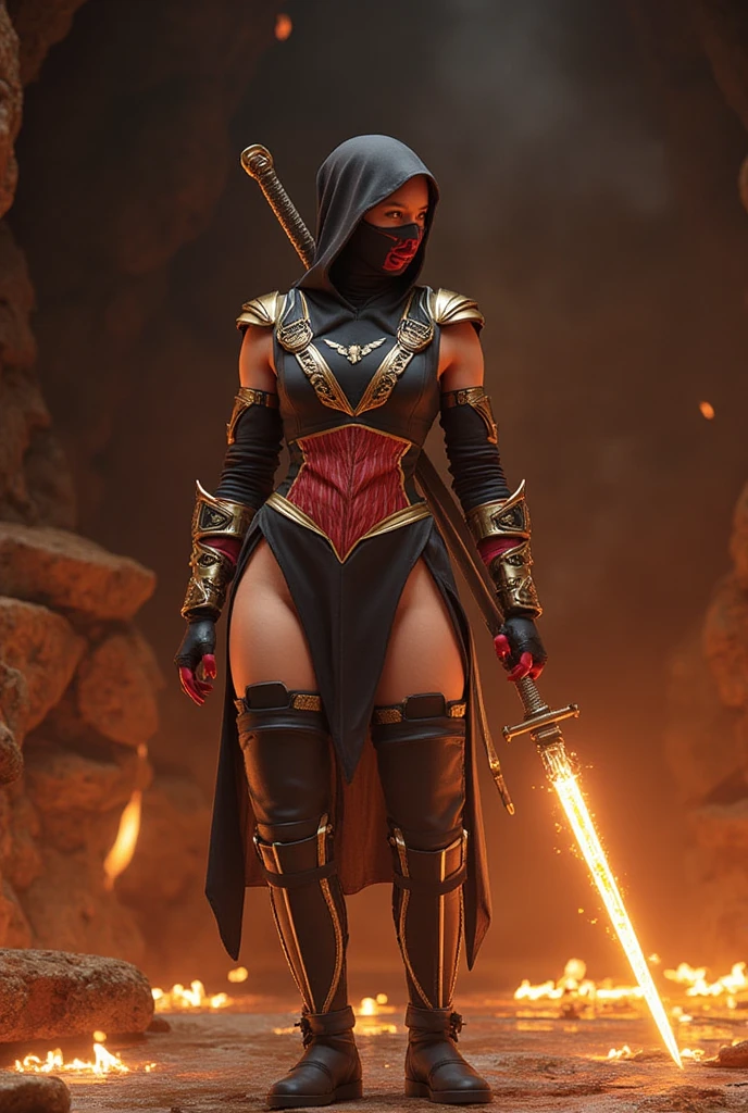 Full body, short red hair, glowing red eyes, tan skin, red bandit armor, brown cloak, stern look, giant brown earthy sword