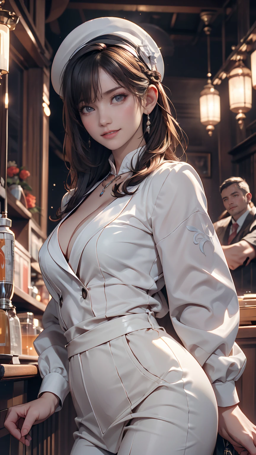 (highest quality, masterpiece:), ultra-high resolution, night, in the pub, Korean gravure model, 23 years old, tight, wearing a white color outfit, high leg, gigantic breasts, puffy nipple:1.4, skinny, bangs, long hair, light brown hair, ponytail, messy hair, unkempt hair, earrings, beauty, victory smile, mature woman, please face forward and look at the camera,