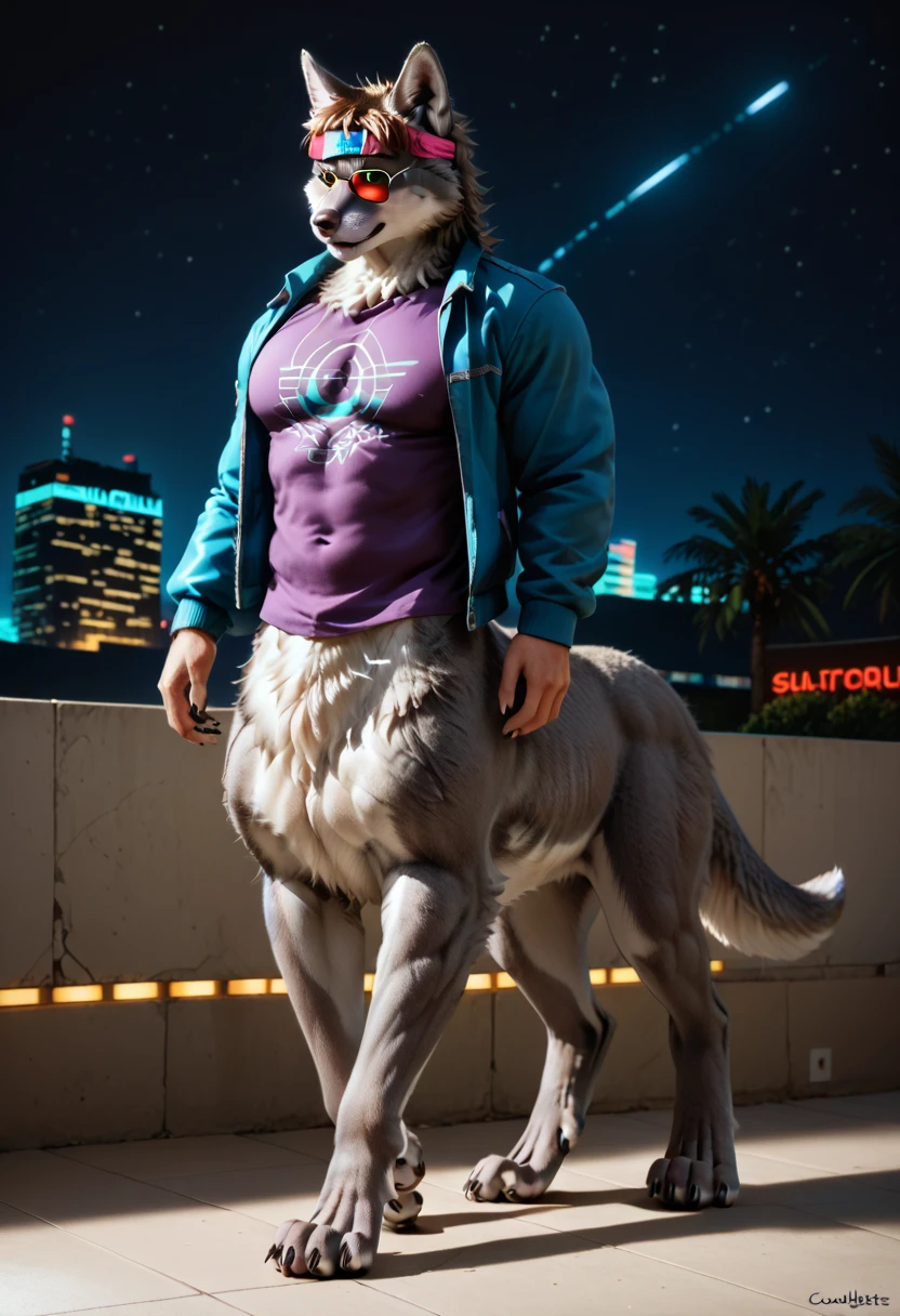 There is one adult character on this picture. The character is a slender male grey wolf, grey fur, slender character, slender, yellow eyes, barefoot, digitigrade, paws, black pawpads, wolf hands, black claws, wolf tail, topless, male bare chested, bare chest male, black nipples, black areolas, visible sheath, sheath, fully sheathed, visible balls, balls, visible testicles, testicles, ass, butt, nude, naked, nsfw. The scene takes place on a street at night. street at night on the background. Street. Night. Bare facade building at the distance. Neon lights. The character is facing a wall. The character is peeing on the wall. The character is pissing on the wall. The character is urinating on the wall. Piss splashing on the wall. Urine splashing on the wall. Piss dripple from the wall. Urine dripple from the wall. Piss stains on wall. Urine stains on wall. Piss puddle on ground. Urine puddle on ground. Piss stream. Urine stream. Camera side-view. Camera side view. Side-view. Side view.