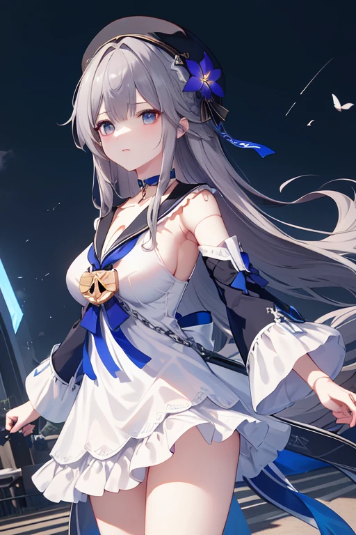 Masterpiece,  best quality ,  high resolution, Ahhh ,  long hair,  gray hair,  hair flower, beret,  black headwear , joint,  choker, key,  sailor color , white dress,  detachable sleeves ,  standing,  cowboy shooting ,  outdoor,  , cleavage in years,blue , viewers,((( bends forward towards viewers))), moody lighting, dynamic pose
