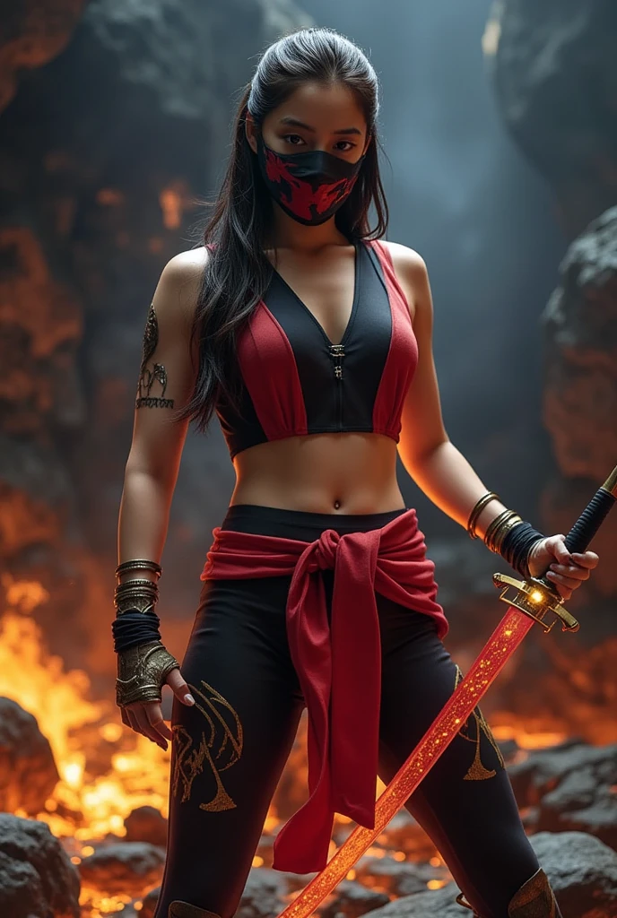 An ultra hot gorgeous European woman, age 23, she’s holding a Japanese ninja short sword. Body full of ((blood splash)). She’s full of fury and anger.
