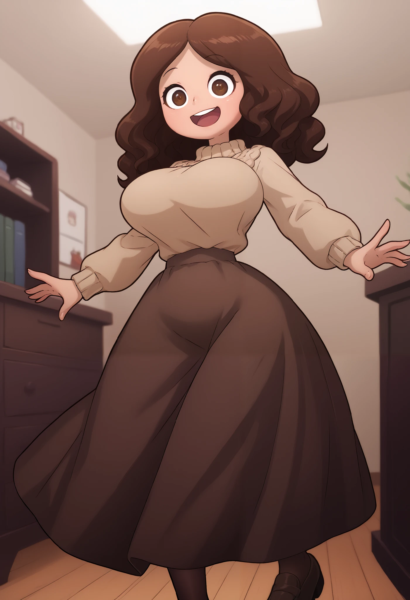 Solo, Young woman, medium length hair, brown hair, brown eyes, wavy hair, huge breasts, (thin skinny waist) light brown sweater, dark brown skirt, loose sweater, long skirt, brown pantyhose, brown shoes, indoors, looking down at you, looking at you, wide eyed, surprised, open mouth smile