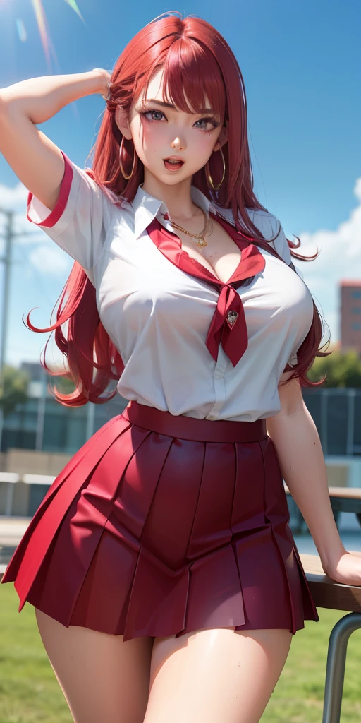 RAW, 1girl, <<lora:toheart2_kousaka-10:1>>, kousaka tamaki, solo, full_body, (best quality, masterpiece, absurdres:1.2), extremely delicate and beautiful, front view, beautiful face, perfect face, delicate and beautiful eyes, red hair, detailed skin texture, vibrant shiny skin, soft Ray Tracing, Global Illumination, cowboy shot, solo, smile, closed mouth, looking at viewer, school uniform, serafuku, red sailor collar, red neckerchief, red pleated skirt, white_thighs, thigh highs, (gigantic_breasts:1.3), (narrow waist:1.2), beautiful finger, frilled long sleeves, simple_background,