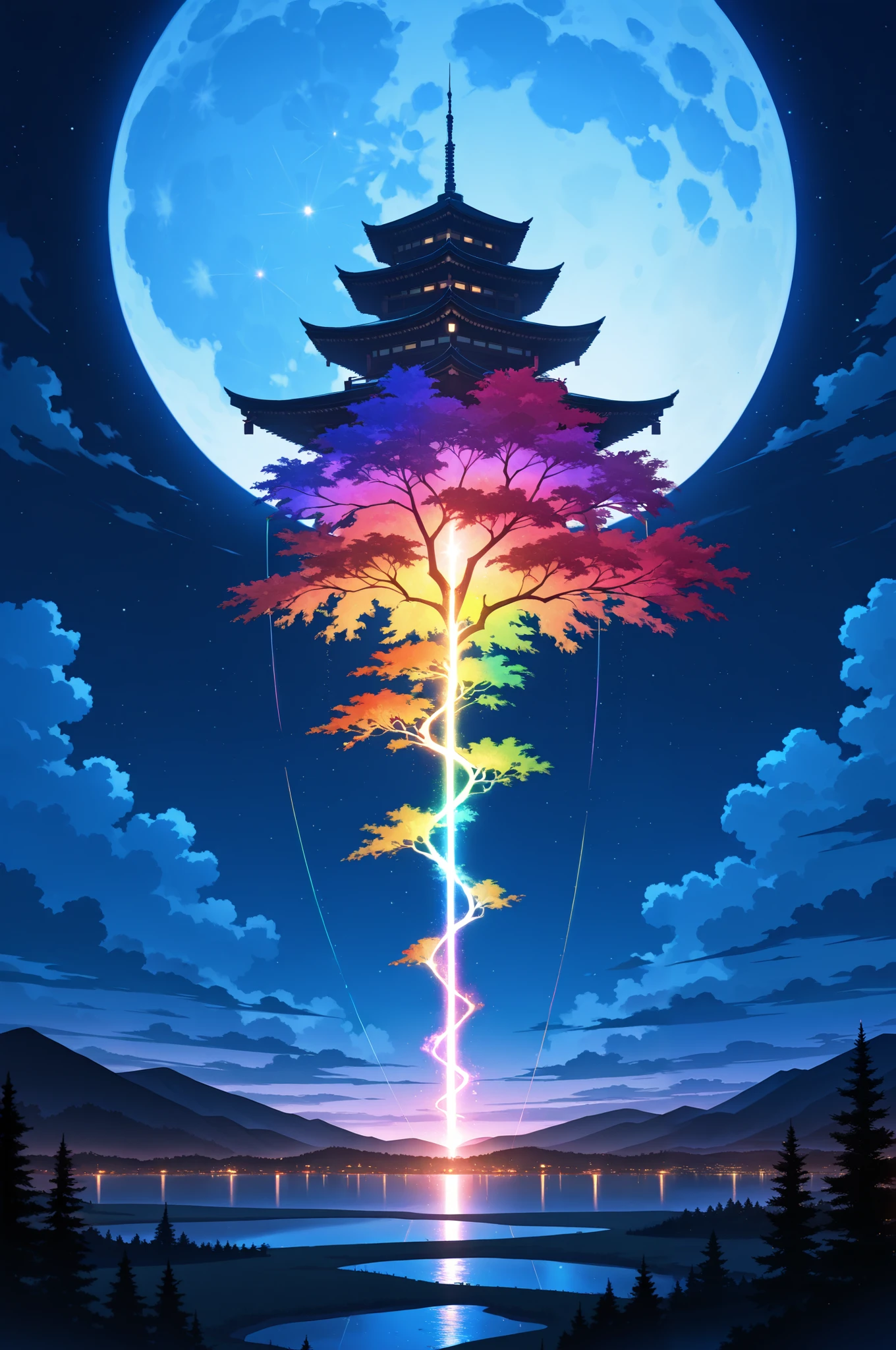 epic quality, atmosphere, nature scenery, wuxia aesthetic, raytracing, smooth, (colorful), (detailed complex busy background: 0.8), fantasy flowers, (night:1.4), intricate details, beautiful glitters, flat illustration, time stop, (ultra-detailed), photon mapping, ((intricate detail)), cinematic lighting, volumetric lighting, (big moon),masterpiece, best quality, amazing quality, very aesthetic, absurdres, newest, highly detailed,high-resolution,