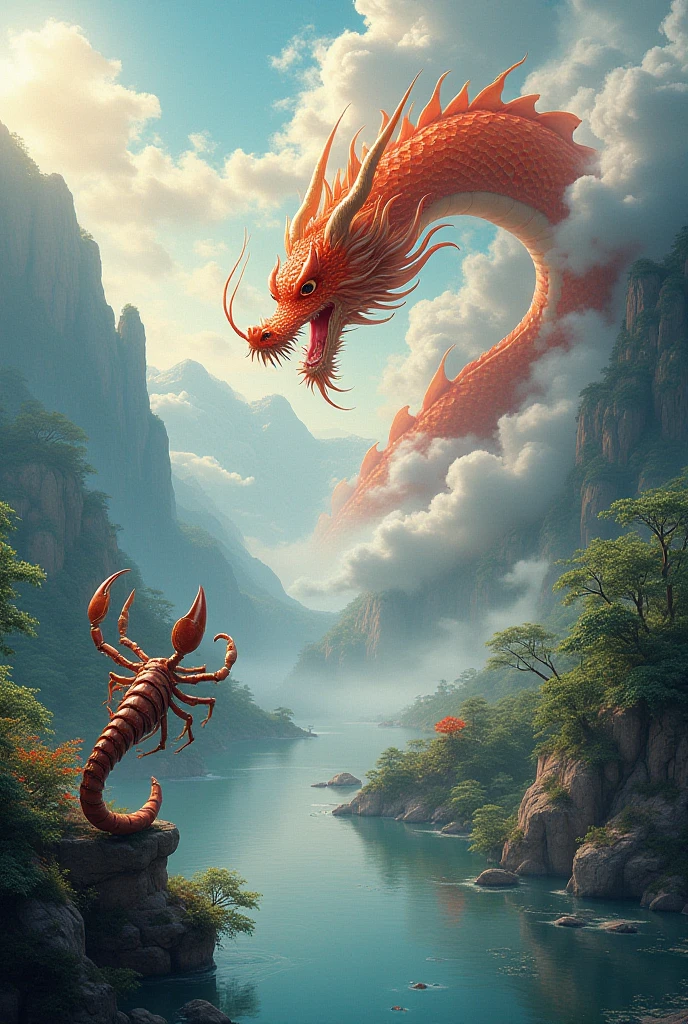 Chinese style red dragon,Dragon and human alliance,background chinese style,Mountains and rivers,dragon huge