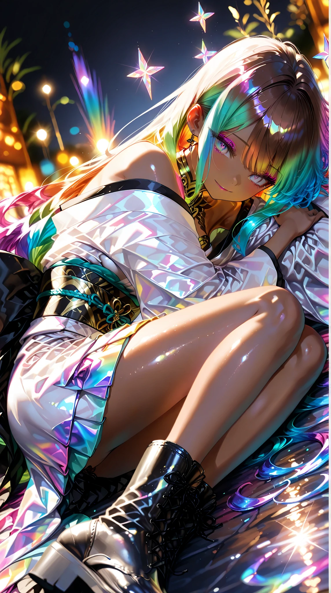 image quality:Highest Quality
Camera Focus: Blur the background
light:sidelight
person:20-year-old female,Gal model 、
Bright light、
Hairstyle: Short Bob、With bangs
dress:Gal、Hysterical glamour expression: The best smile、
Thin and delicate、Small bust、From head to toe、
Slim and beautiful legs、Thin thighs、pantyhose、pumps、
flowerpunk、Sparkling light particles、
Vivid gradient effect