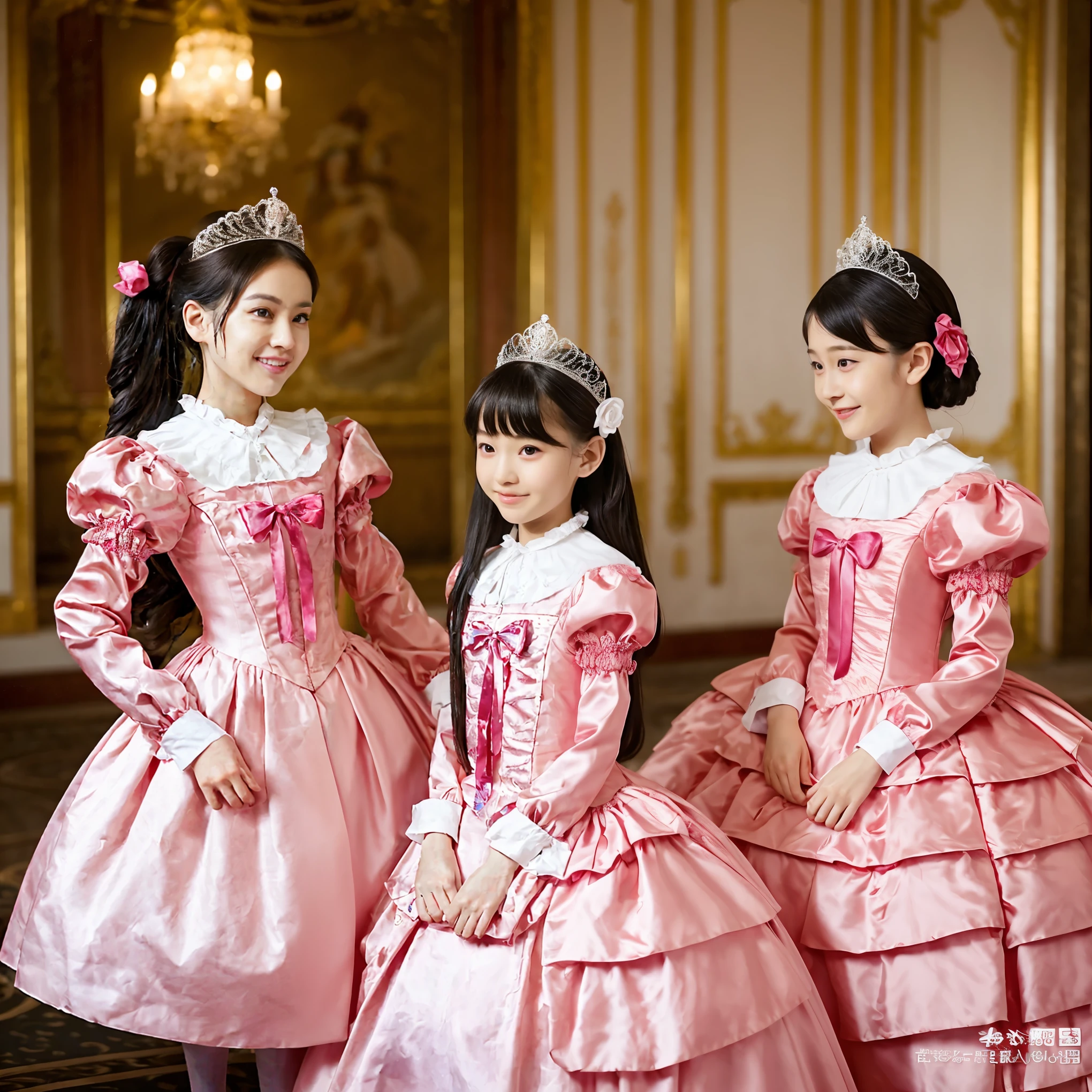 highest quality, masterpiece, highest resolution, artwork, super be familiar with, many detailed, detailed, be familiar with, woman, 10 years old,two girls are princesses,pink victorian dress,long sleeve,long dress,Dress with lots of frills and ribbons,luxury