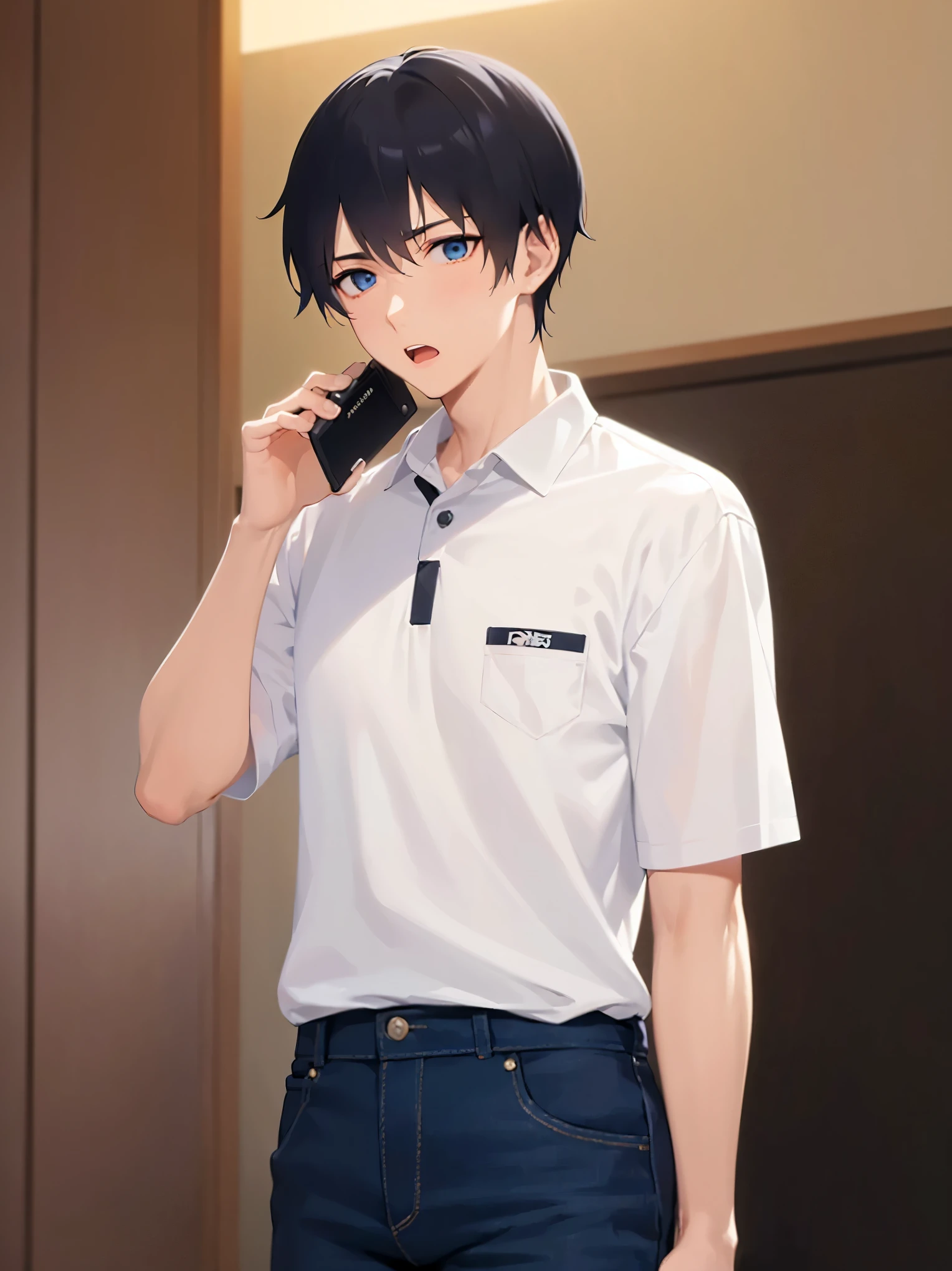 holding a telephone receiver, Talking on Phone, masterpiece, best quality, Japanese manga style, upper body, (25 year old male: 1.5) and (short black hair) and (blue eyes), (white polo shirt) and (jeans), worried, open mouth, inside the luxury inn, alone, standing,
