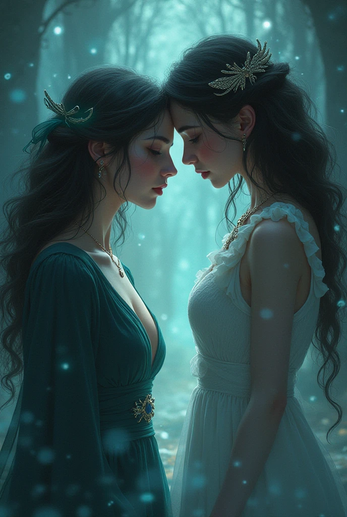 Create an [Comic book Luis Royo art style] passionate kiss of a couple of a dark-haired man (henri cavil) and a blond girl with [detailed linework], [dynamic shading], and [rich colors]. The young blond girl have [full body], blue eyes [expressive facial features] and [fluid body movements], with close attention paid to [her black liquid sensual dress with black lace veil], (fabric with intricate pattern:1.2), [heart-shaped] face, [delicately proportioned], with a [small nose] and [high cheekbones], full lips, [shinny blond straight medium hair styled], [black eyeliashes and brown], long, full eyelashes that add to her feminine charm, [slim petite body], neck exposed by the hair in a chignon, Lili from the movie Legend, fairy. The man has black hair, dark detailed eyes with shadows on the scleras, pale skin, dark clothes with dark light armor, Henri Cavil.  [althar of an evil temple background] [dark atmosphere]  should showcase [visible skin pores] that add to the realism. [imperfect, uneven, and irregular skin] should be depicted with [specular reflection], [subsurface scattering], and [diffuse reflection], capturing the [fair skin tone] The image should be captured in [natural light], with [soft shadows] that highlight her. The colors should be [RAW] and [vibrant], showcasing the [tragic] elements of the character, while remaining grounded in a sense of [realism]. Aim for a [photorealistic]. The image should have [intricate details]. The overall mood of the image should be [victorian], [ghotic] with a sense of [magic] and [power].
