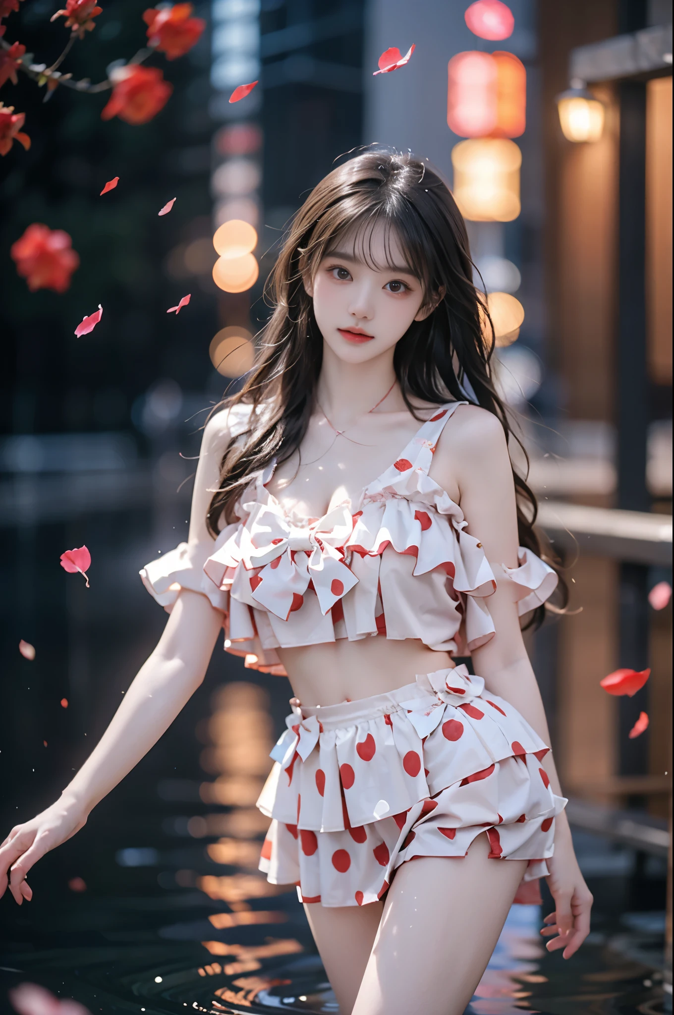 cute swimsuit, polka dot bikini, frills, bow, halterneck ,,(photorealistic:1.2), beautiful asian woman, (Full bust, visible cleavage, very short hemline), (Beautiful romantic style), fashion model, long slender legs, standing in reflective pool, knee-deep water, elegant dance pose, lifting dress to thigh level, moonlit night scene, scattered rose petals in water, floating rose petals in air, soft moonlight illumination, volumetric lighting, cinematic lighting, high detail skin texture, wet fabric effect, shallow depth of field, soft bokeh, 8k uhd, masterpiece quality